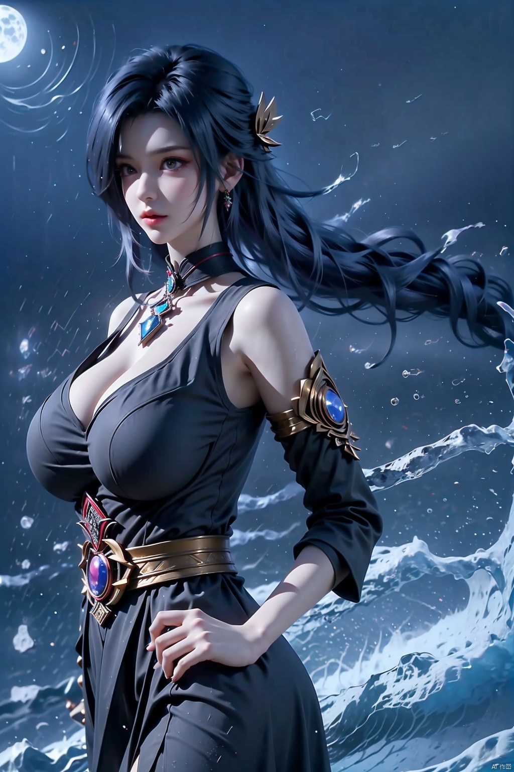 1girl solo long hair black hair  barefoot water realistic