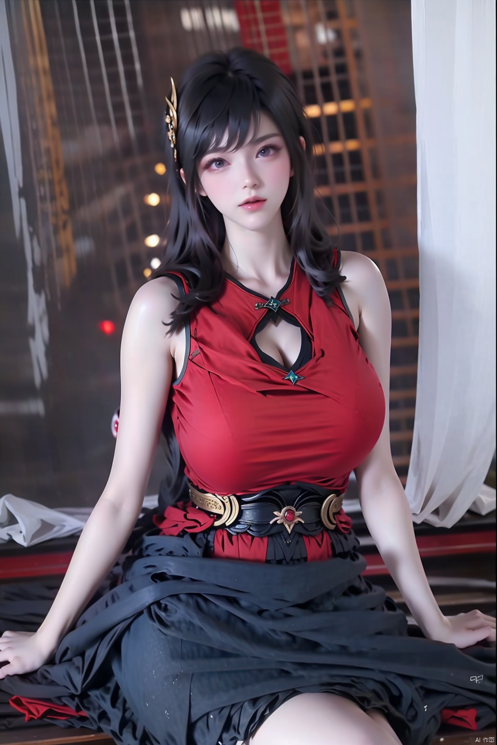 1girl solo long hair looking at viewer black hair dress sitting barefoot sleeveless indoors bare legs window chinese clothes red dress curtains