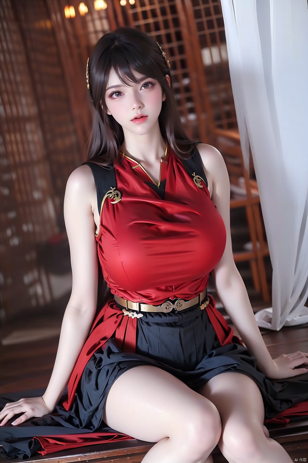 1girl solo long hair looking at viewer black hair dress sitting barefoot sleeveless indoors bare legs window chinese clothes red dress curtains