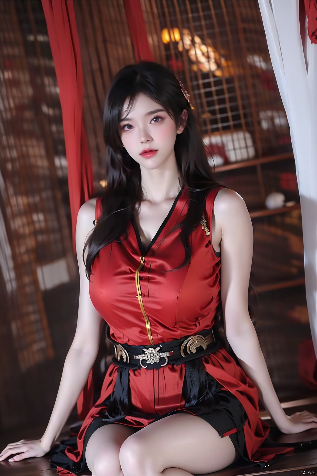 1girl, solo, long hair, looking at viewer, black hair, dress, sitting, barefoot, sleeveless, indoors, bare legs, window, chinese clothes, red dress, curtains