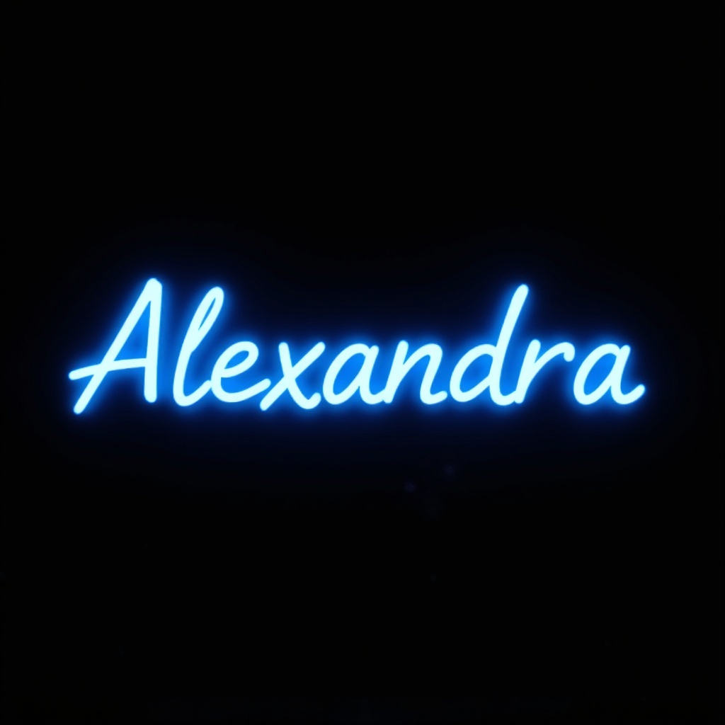 black background,  neon blue text "Alexandra" on Tensor.Art