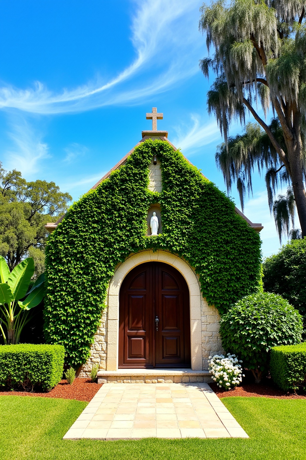 This is a picturesque,  sunlit photograph of a charming,  ivy-covered chapel or small church nestled in a lush on Tensor.Art