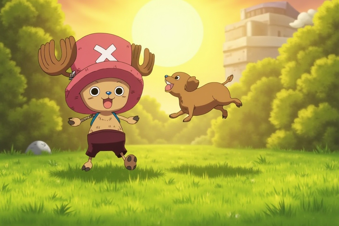 A warm sunlight casts a gentle glow on the lush green grass as Chopper,  with his adventurous spirit shining bright,  play...