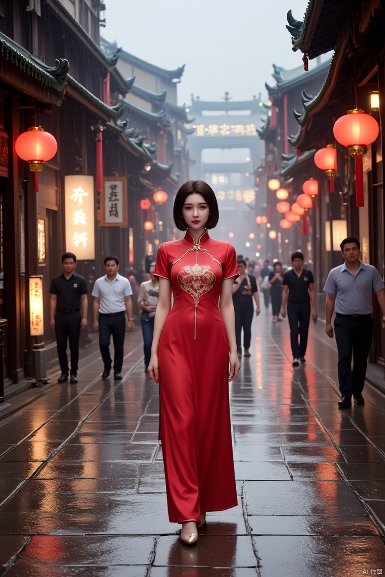 A scene full of Eastern style,featuring a young woman in a red qipao at the center. Her hairstyle is short and neat,and her face is calm. She stands on a wet stone path,with ancient buildings on both sides decorated with red lanterns and signs. The style of these buildings suggests that this may be a historic district. It is raining in the sky,and raindrops are falling,creating a hazy beauty. Behind the woman is a busy street,with people walking and chatting,some busy with their activities. The lights on the street and the rain reflect each other,giving a sense of tranquility and liveliness.,
