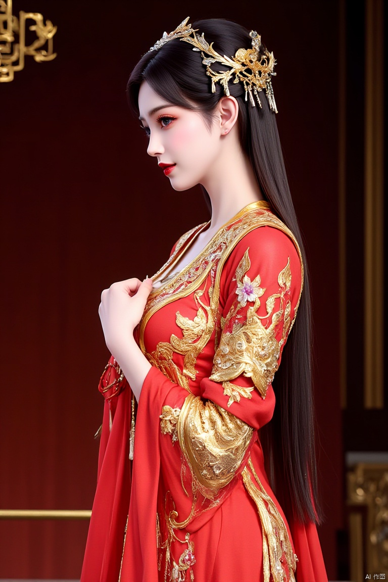 A woman adorned in an elaborate traditional Chinese outfit. She wears a striking red dress with intricate golden embroidery featuring floral patterns. Her hair is styled in a classic Chinese manner,secured with ornate accessories that include jeweled pins and combs. The woman's makeup is reminiscent of ancient Chinese beauty standards,characterized by vibrant red lips and subtle eye shadow. She poses gracefully,her hand lightly touching her chest,conveying a sense of serenity and elegance.,
