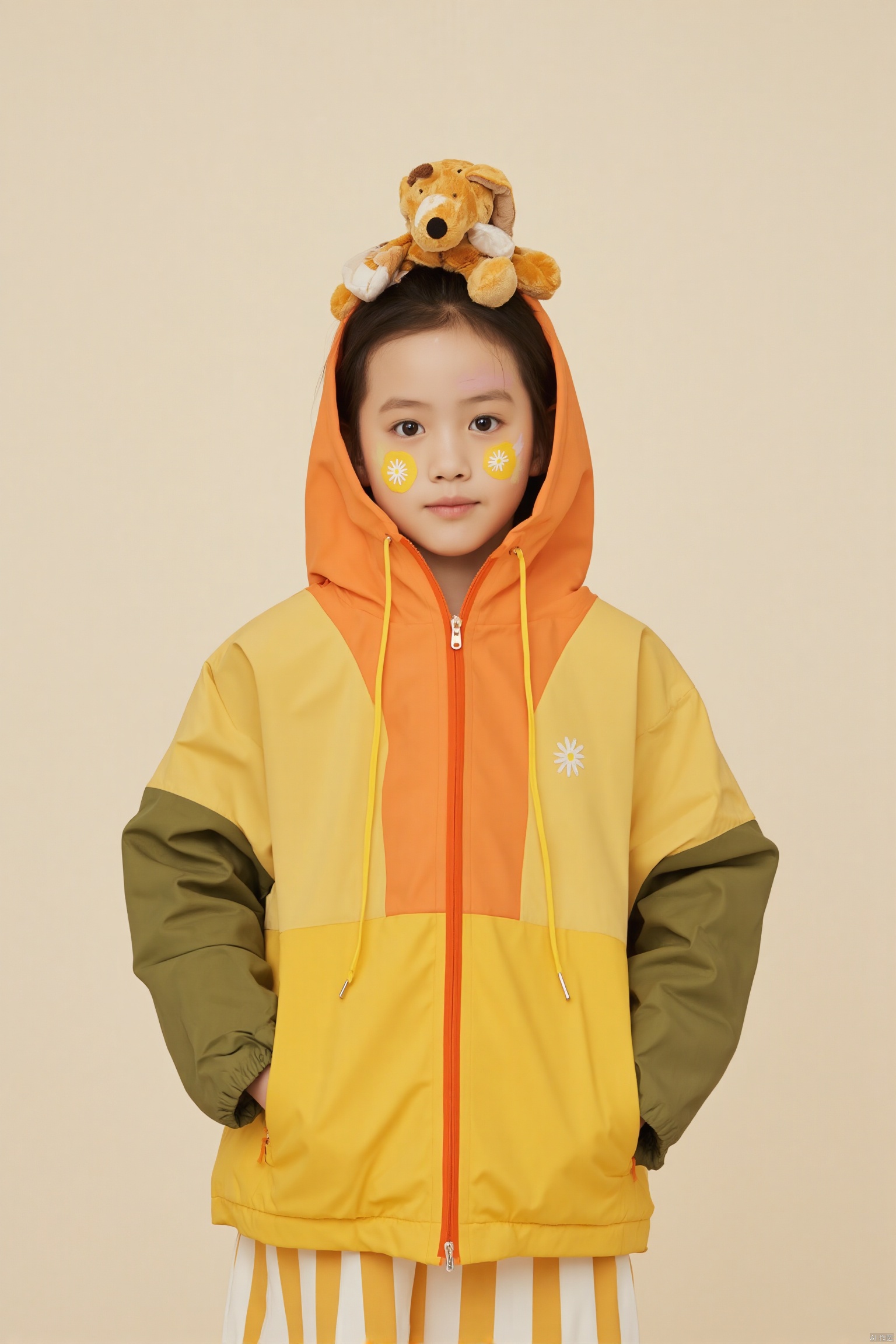 Photograph, young woman in a yellow and orange jacket with green sleeves, standing against a beige background, wearing a yellow face paint with white flowers on her cheeks, yellow and white striped skirt, brown hair tied back with a small stuffed animal on top of her head, playful and whimsical expression, minimalistic and playful fashion.