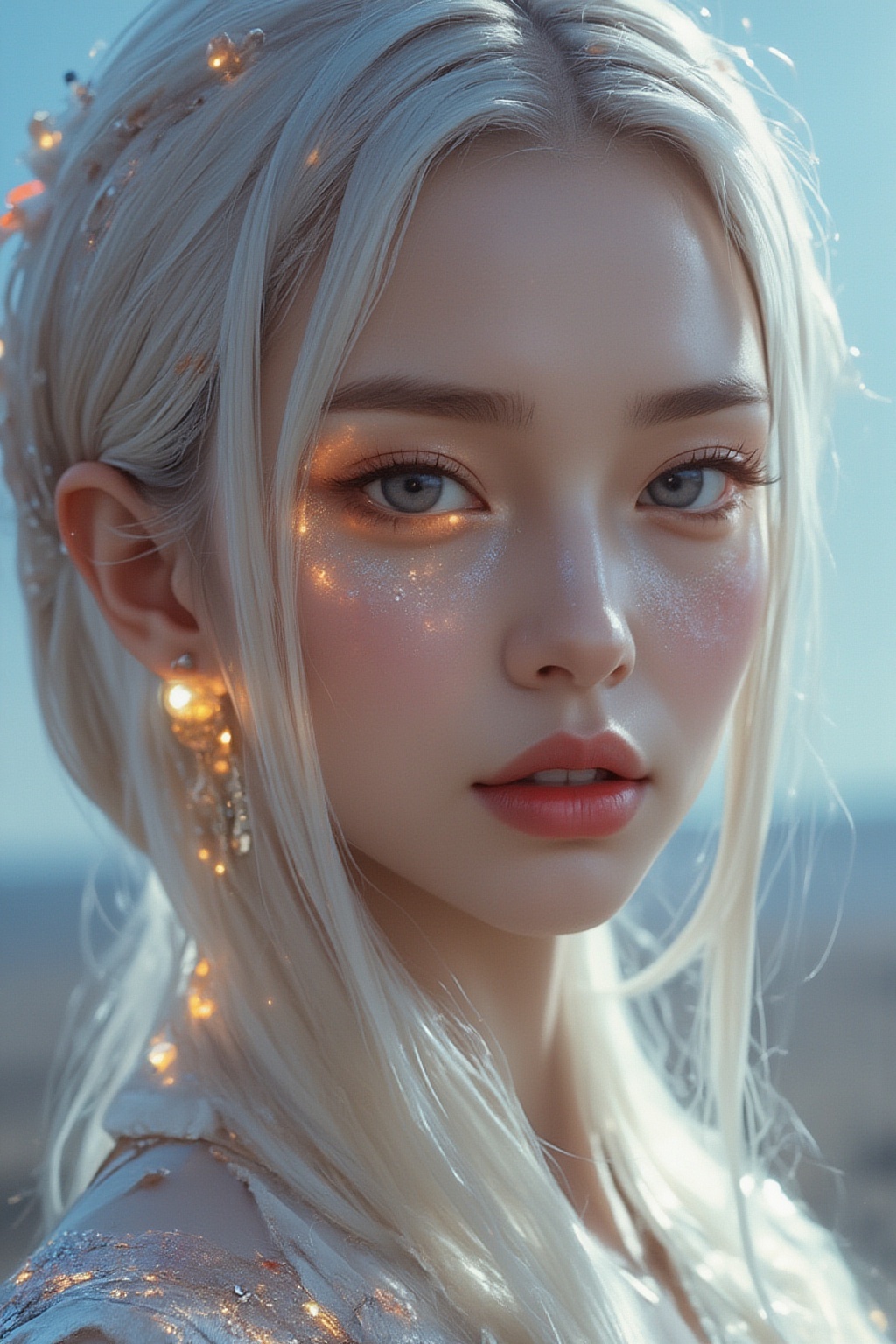 close,  albino woman with glowing eyes and hair in white gold jewelry,  light painting on Tensor.Art