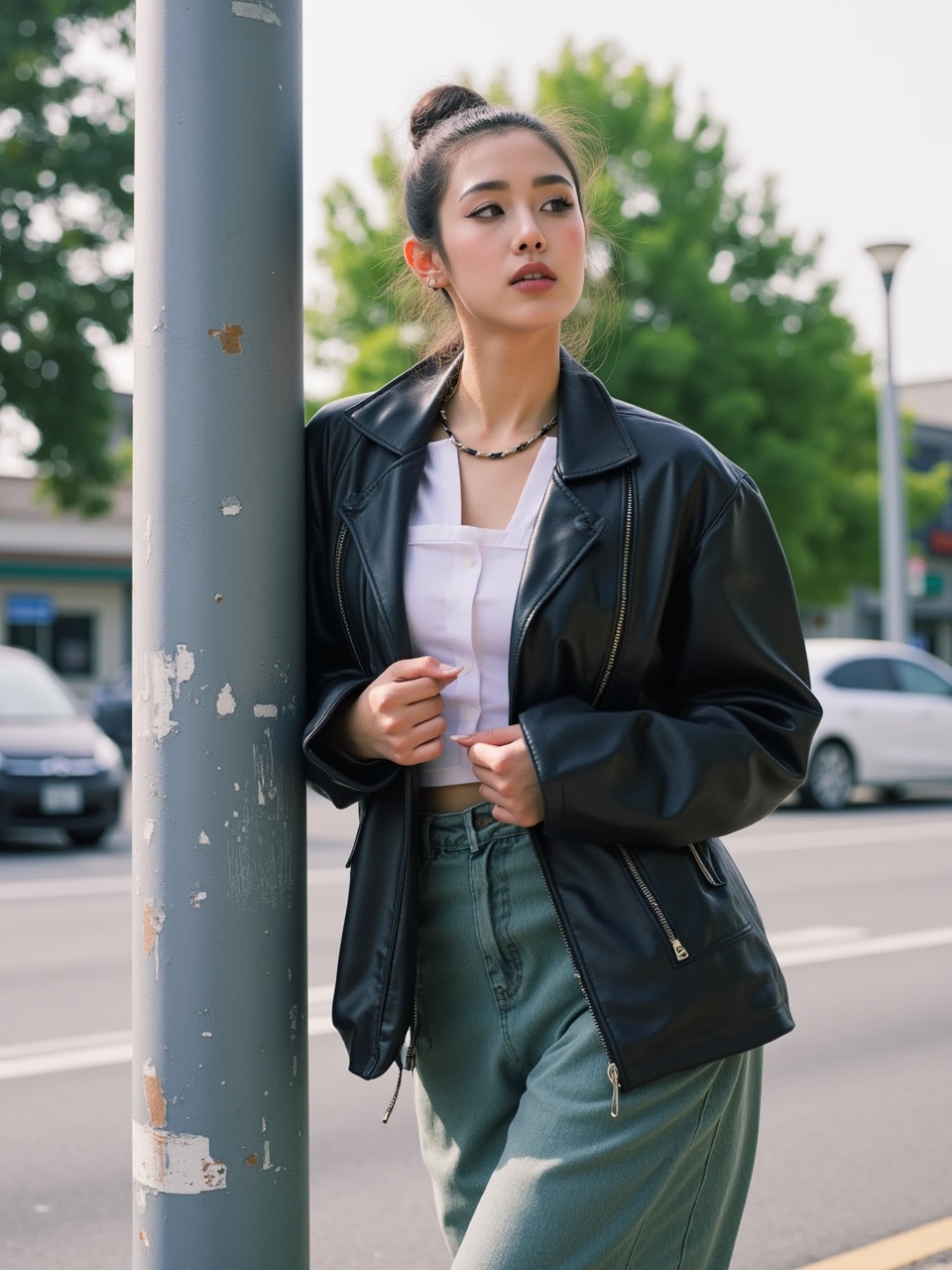 hubggirl,  Urban Fashion: A Model Poses Stylishly Against a Street Pole. on Tensor.Art