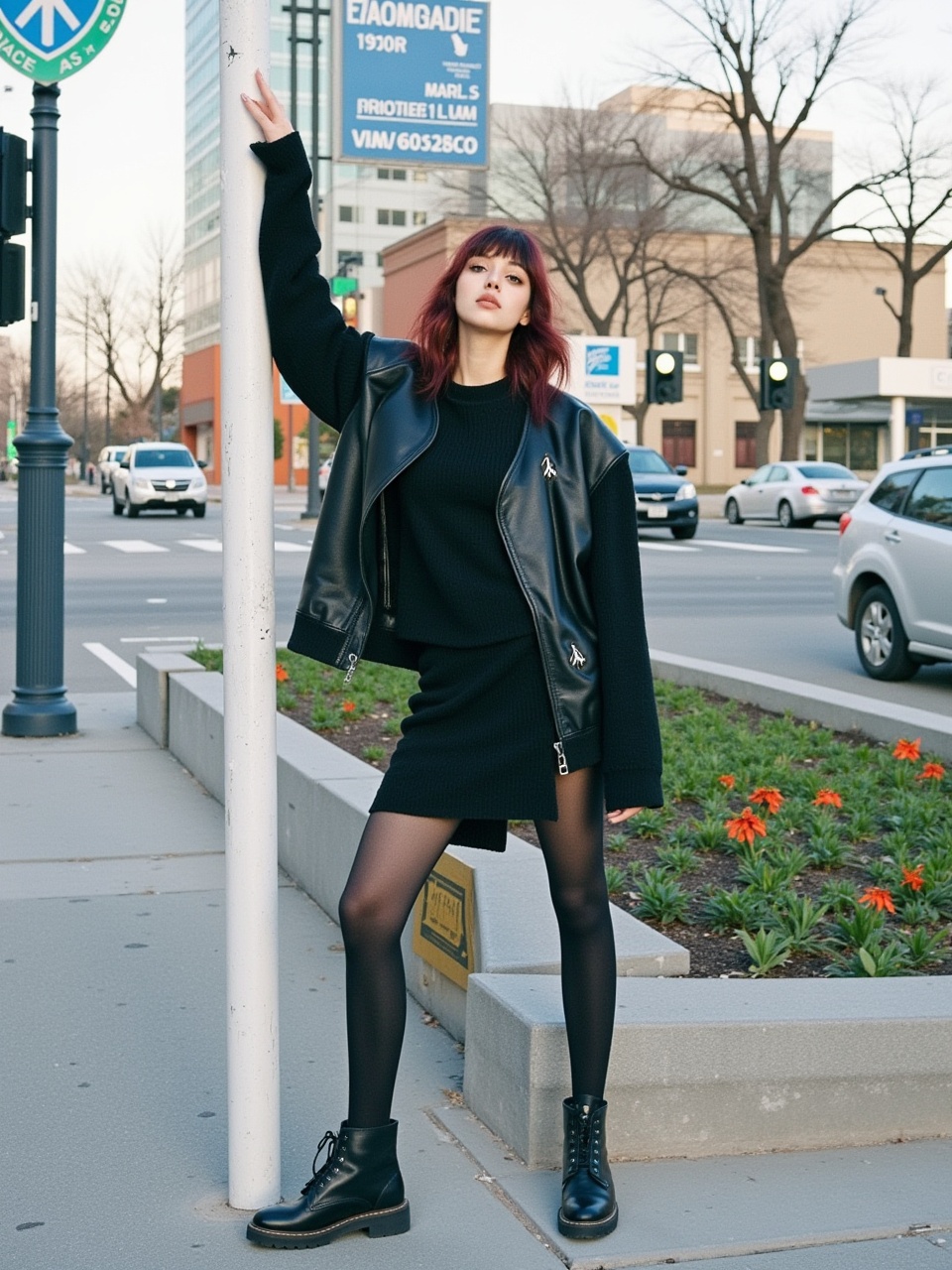 hubggirl,  Urban Fashion: A Model Poses Stylishly Against a Street Pole. on Tensor.Art