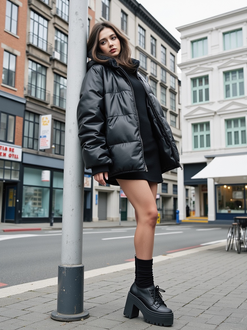 hubggirl,  Urban Fashion: A Model Poses Stylishly Against a Street Pole. on Tensor.Art