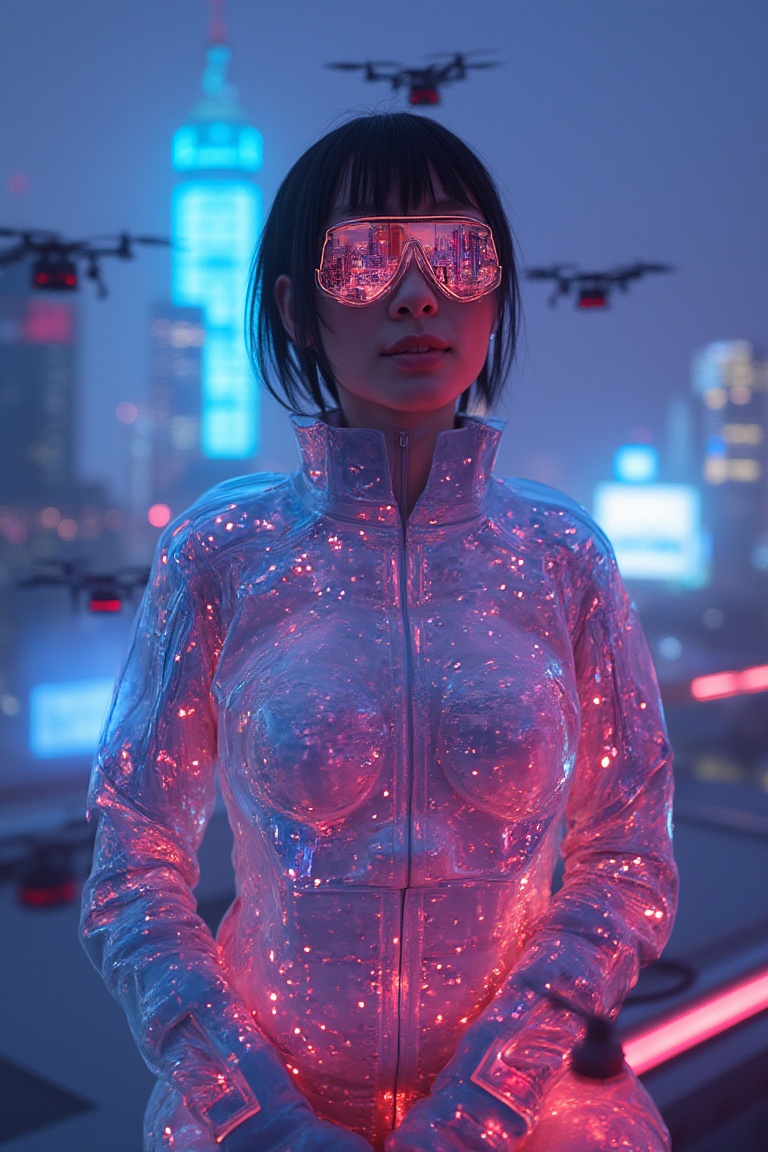 Portrait photo of a Japanese woman in a glowing sci_fic bodysuit standing on a neon-lit rooftop,  the city skyline reflect...