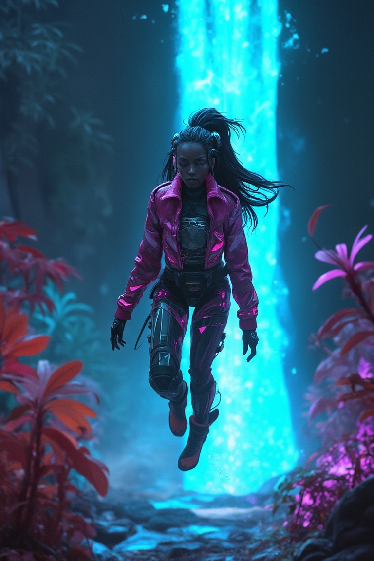 Action shot of a Brazilian woman leaping mid-air in a vibrant sci_fic combat suit,  captured against the glowing waterfall...