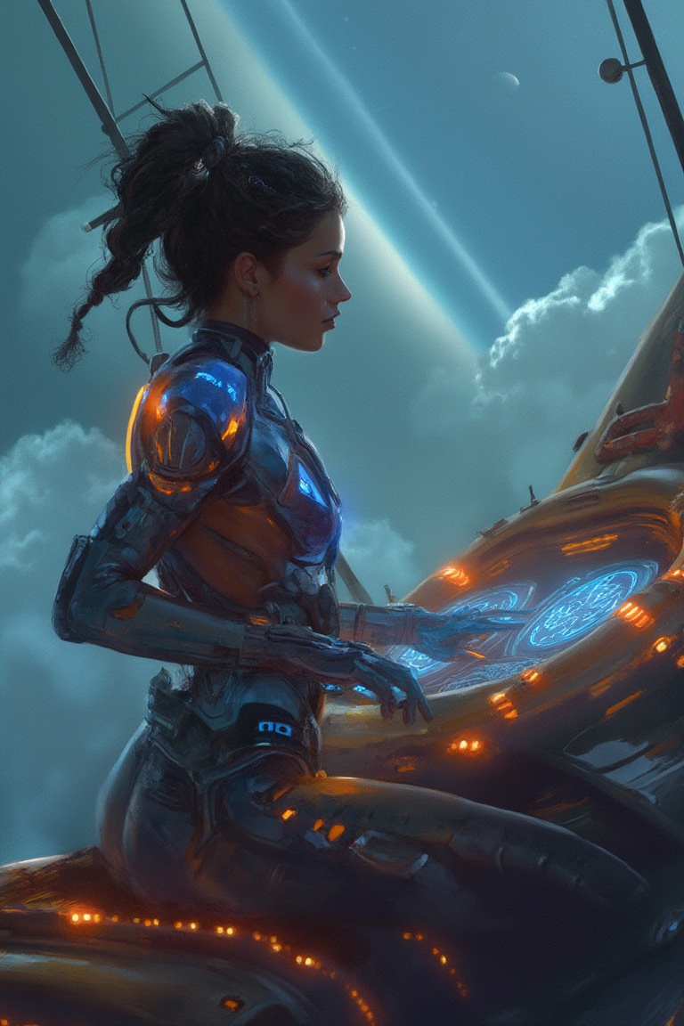 Epic landscape shot of a South Asian woman at the helm of a futuristic airship,  her sci_fic armor illuminated by distant...