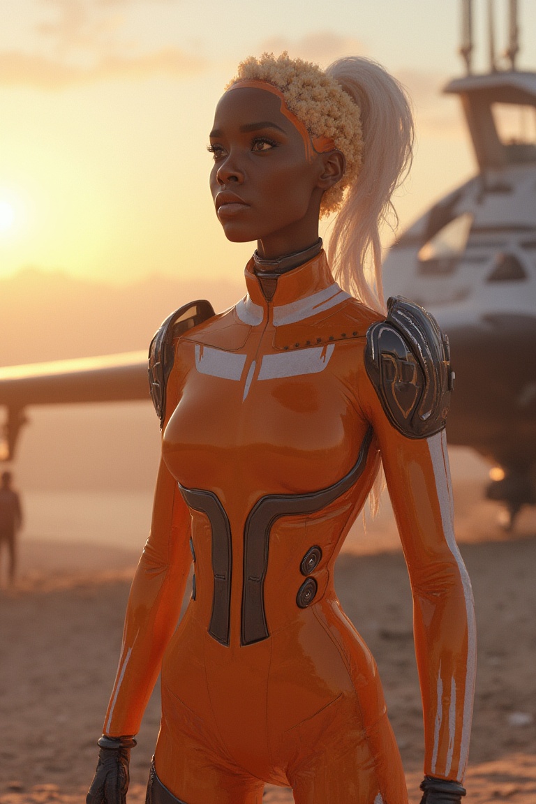 Wide-angle shot of an African woman in sleek sci_fic armor,  standing at a desolate spaceport,  with a massive spacecraft...