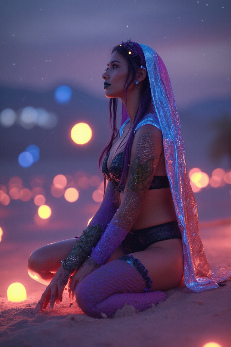 Award-winning photo of a Middle Eastern woman kneeling in a glowing desert oasis at dusk,  her sci_fic cloak shimmering as...