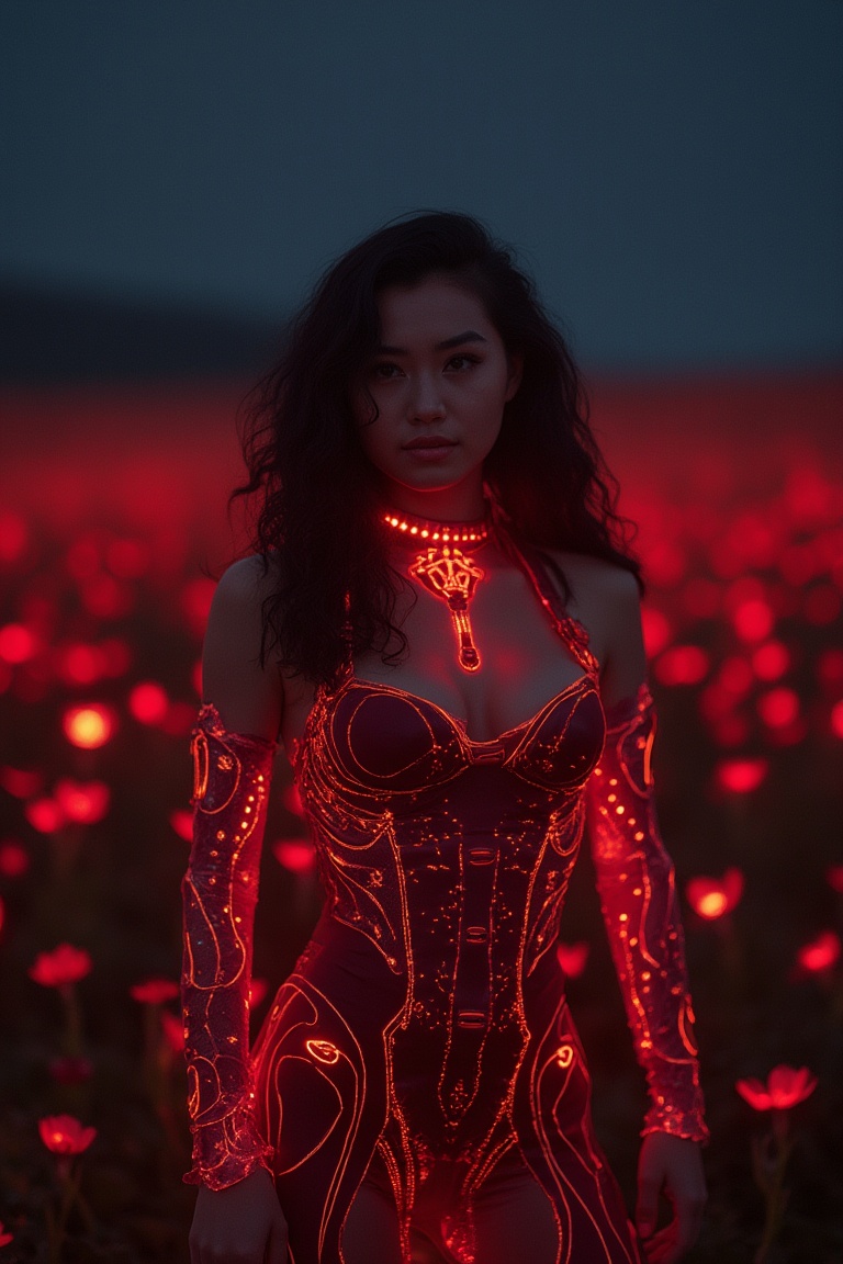 portrait of asian woman wearing red glowing sci_fic futuristic clothes in black flower field,  night,  professional photo...