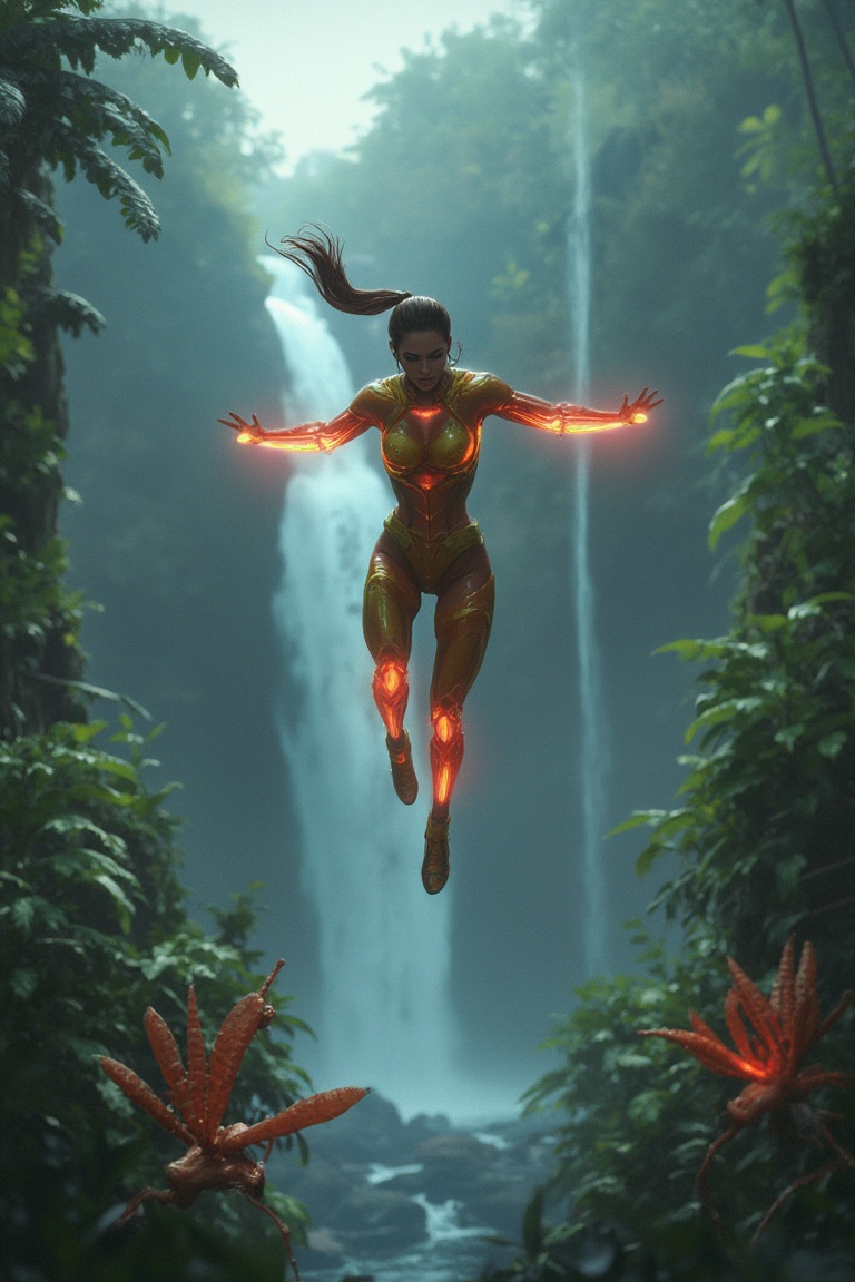 A dynamic shot of a Brazilian woman in a vibrant sci_fic combat suit,  leaping mid-air over a waterfall in a futuristic ju...
