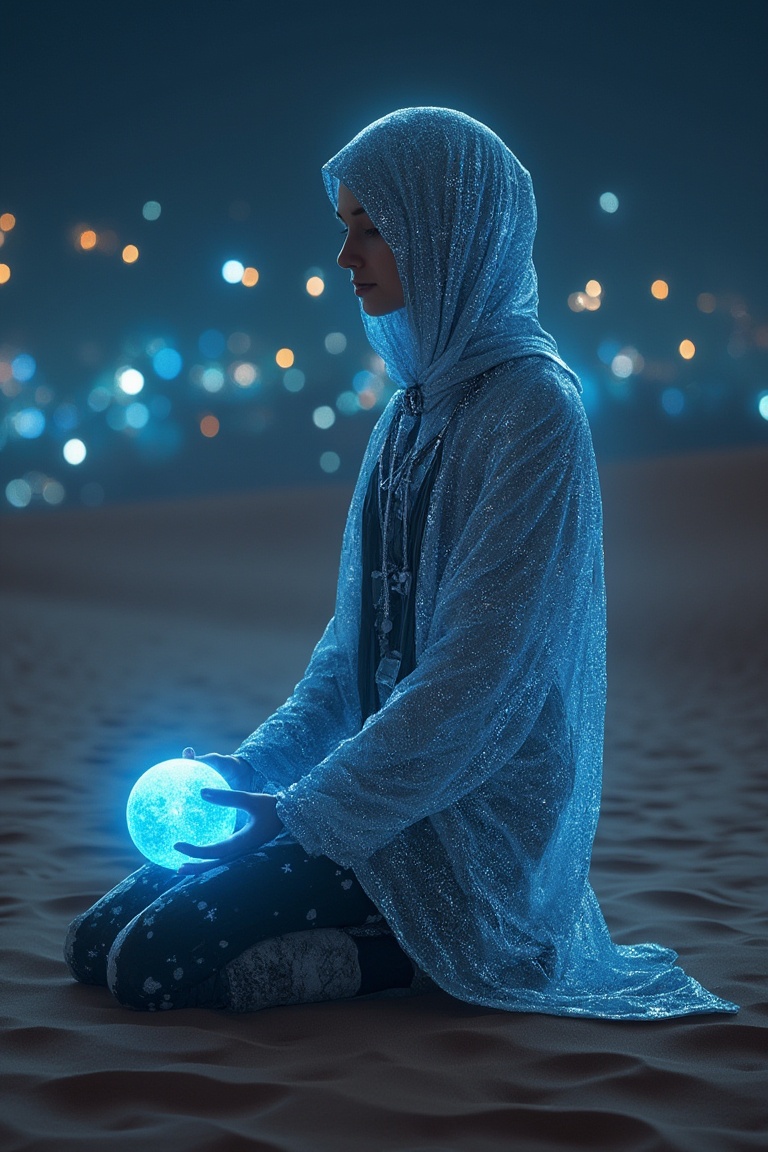 sci-fi shot of a Middle Eastern woman kneels peacefully in a glowing desert oasis,  she is wearing sci_fic cloak glistenin...
