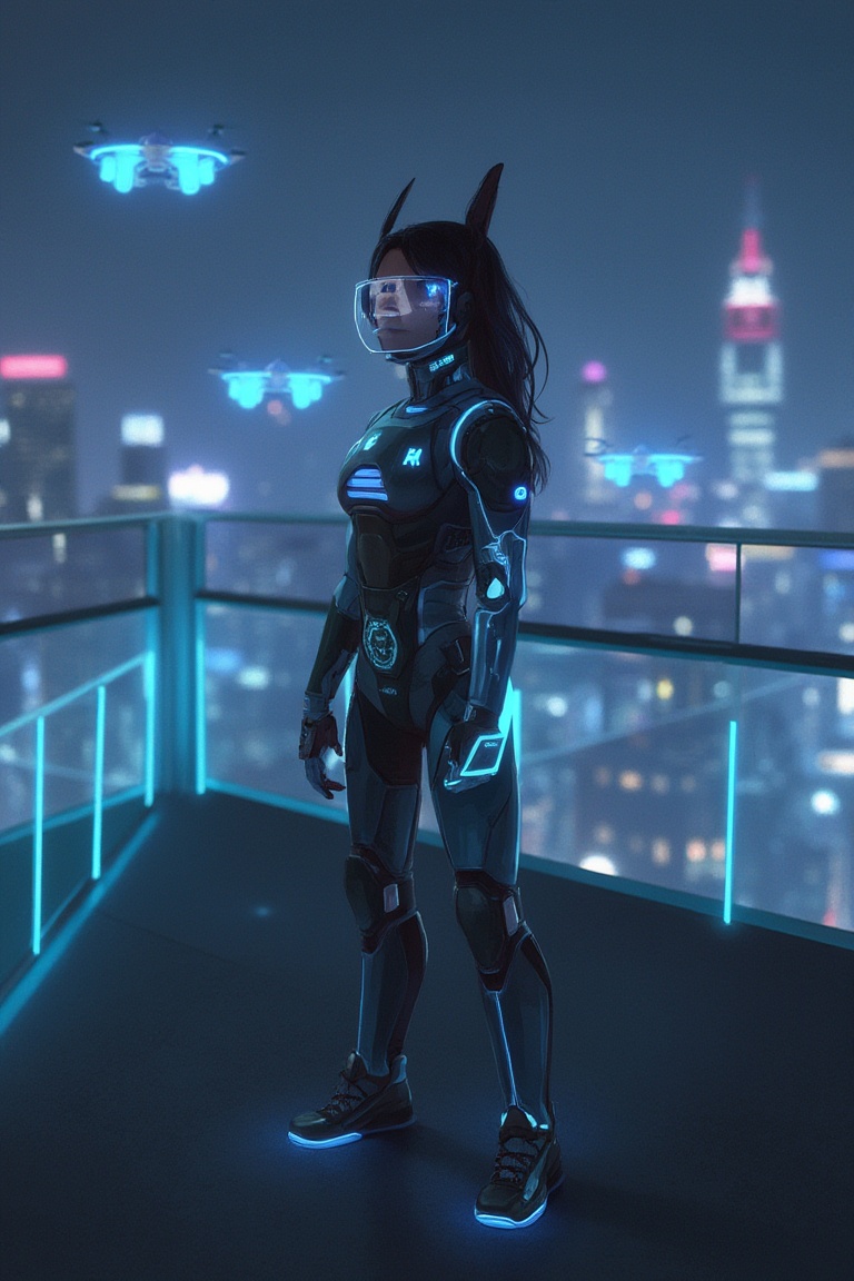 A Japanese woman in a glowing sci_fic bodysuit stands on a neon-lit rooftop at night,  the city skyline reflecting in her...