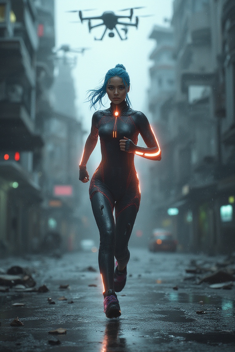 A Southeast Asian woman sprints through the crumbling streets of a high-tech dystopian city,  her sci_fic bodysuit glowing...