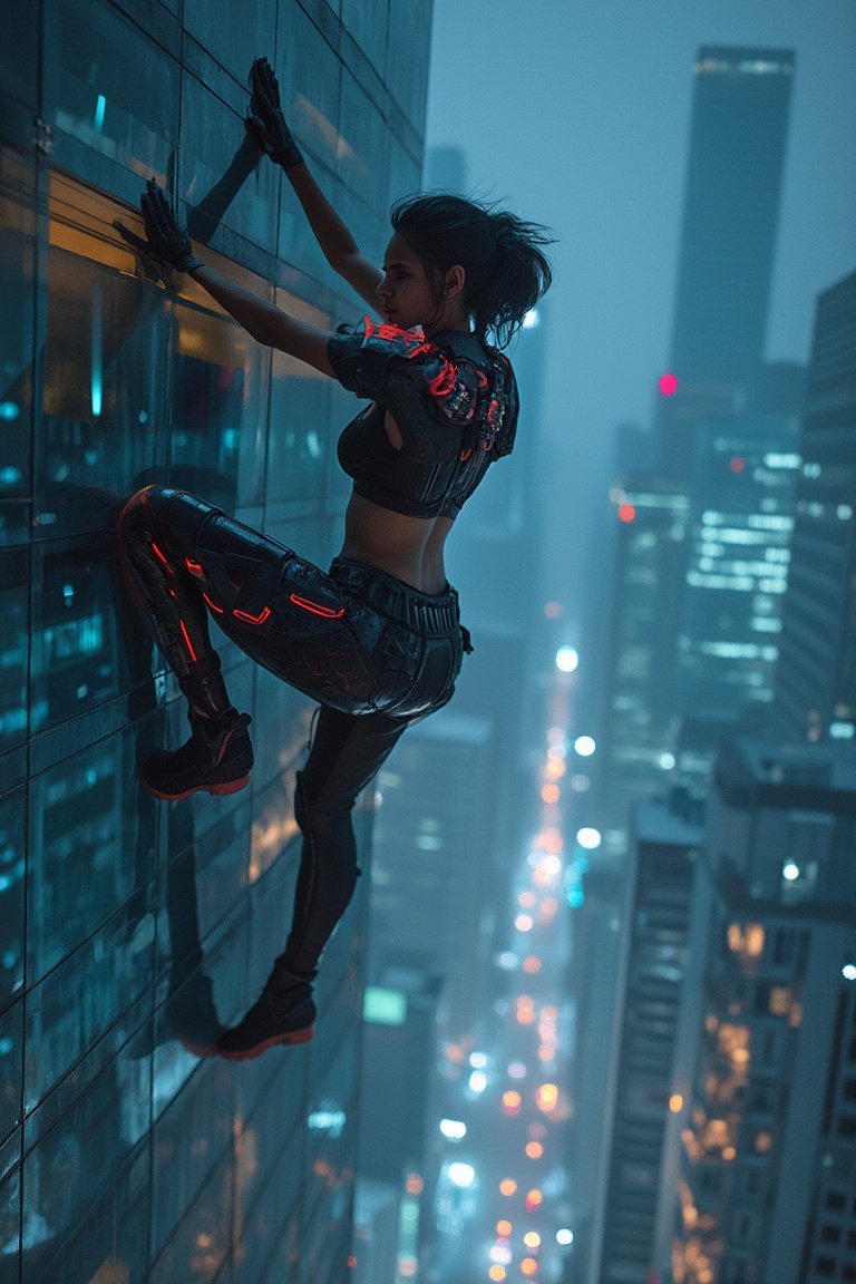 A Latina woman climbs a futuristic skyscraper,  her sci_fic exoskeleton clinging to the glass as the reflection of the cit...
