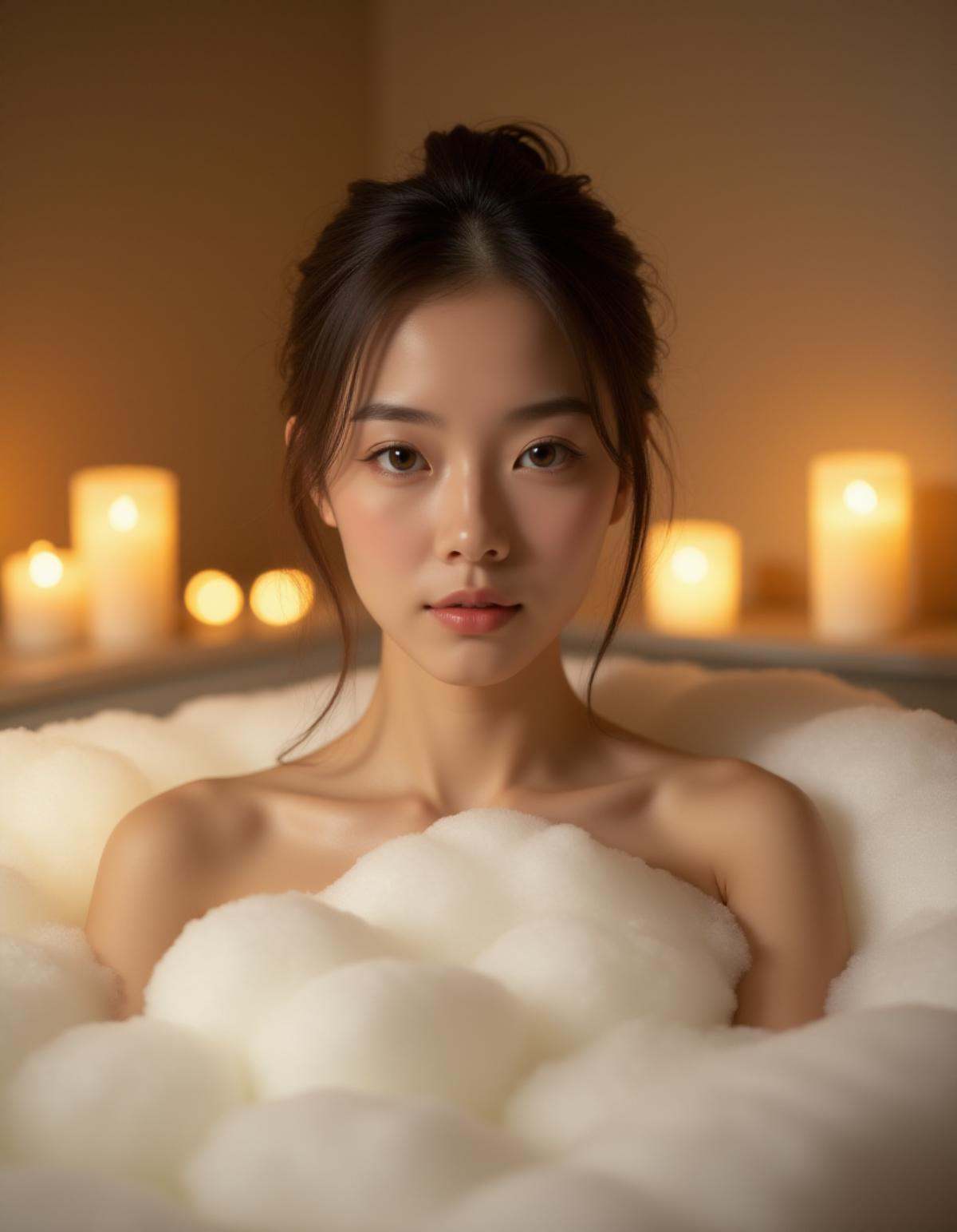 A serene scene of a young woman bathing,  her entire body elegantly covered in soft,  fluffy bubbles. The bubbles create a...