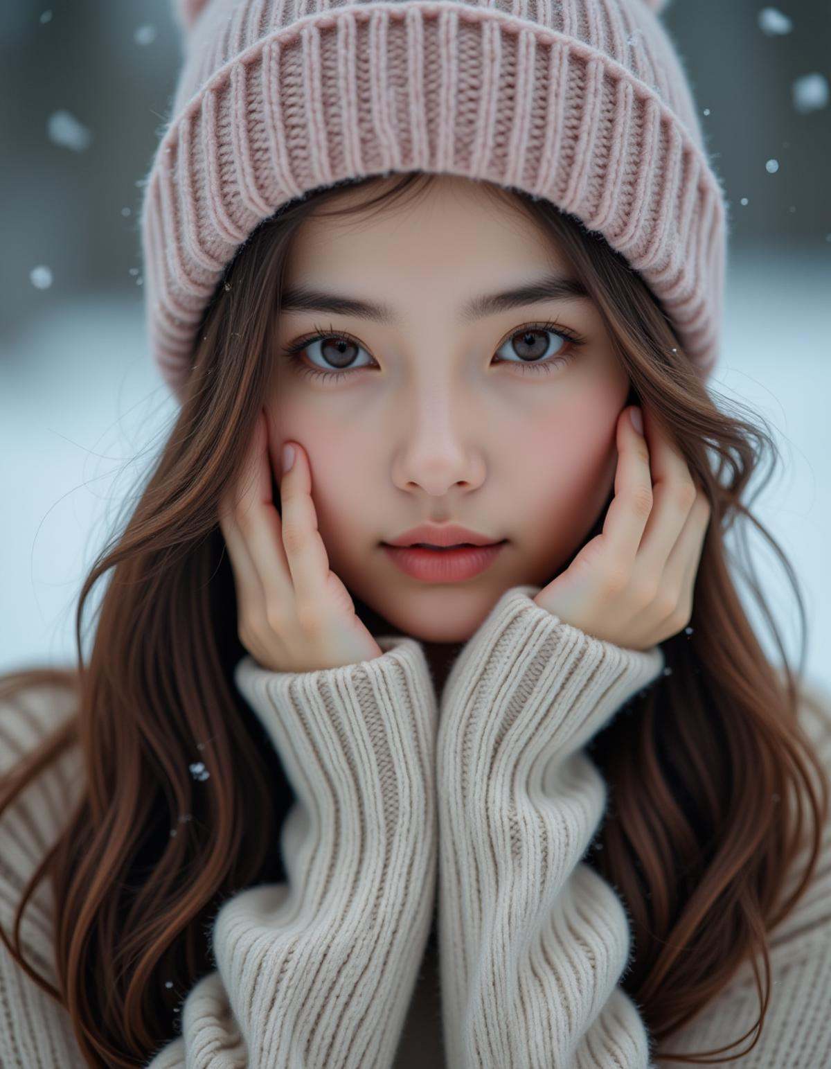 best quality,  masterpiece,  analogue photo of ***** girl in sweater and sweater hat on Tensor.Art