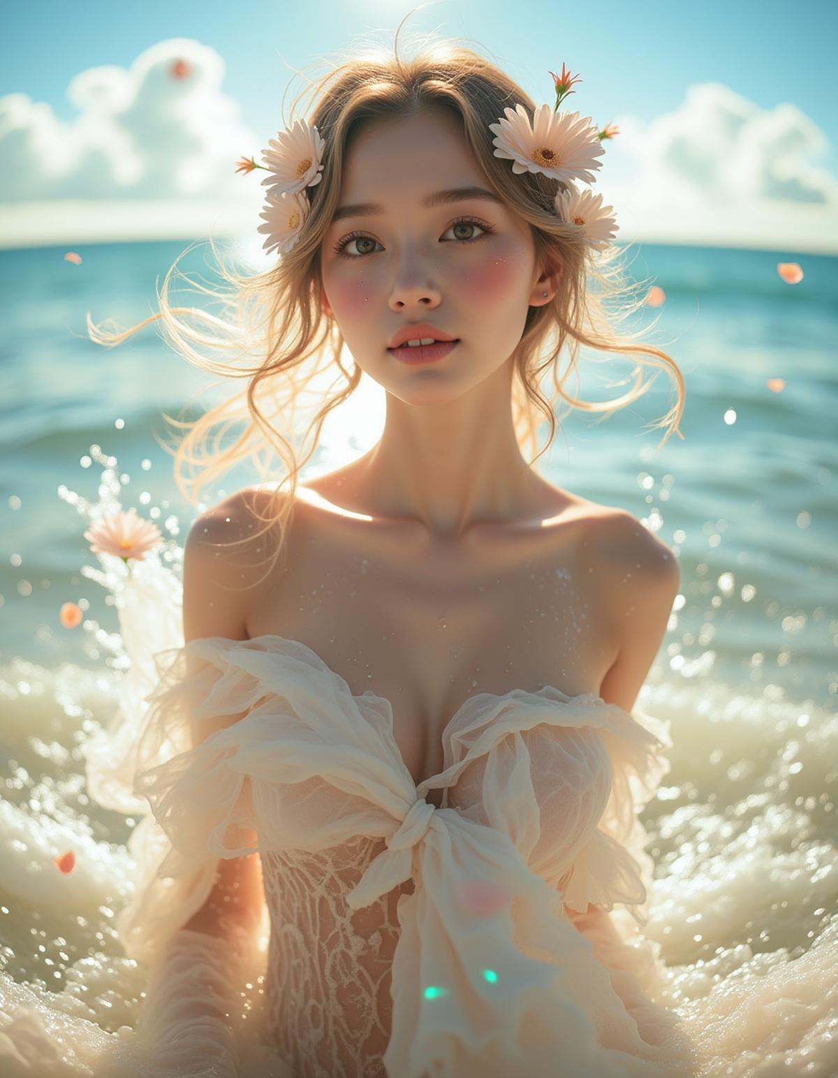A masterpiece of the highest quality,  featuring an upper body shot of an extremely delicate and beautiful young woman at...