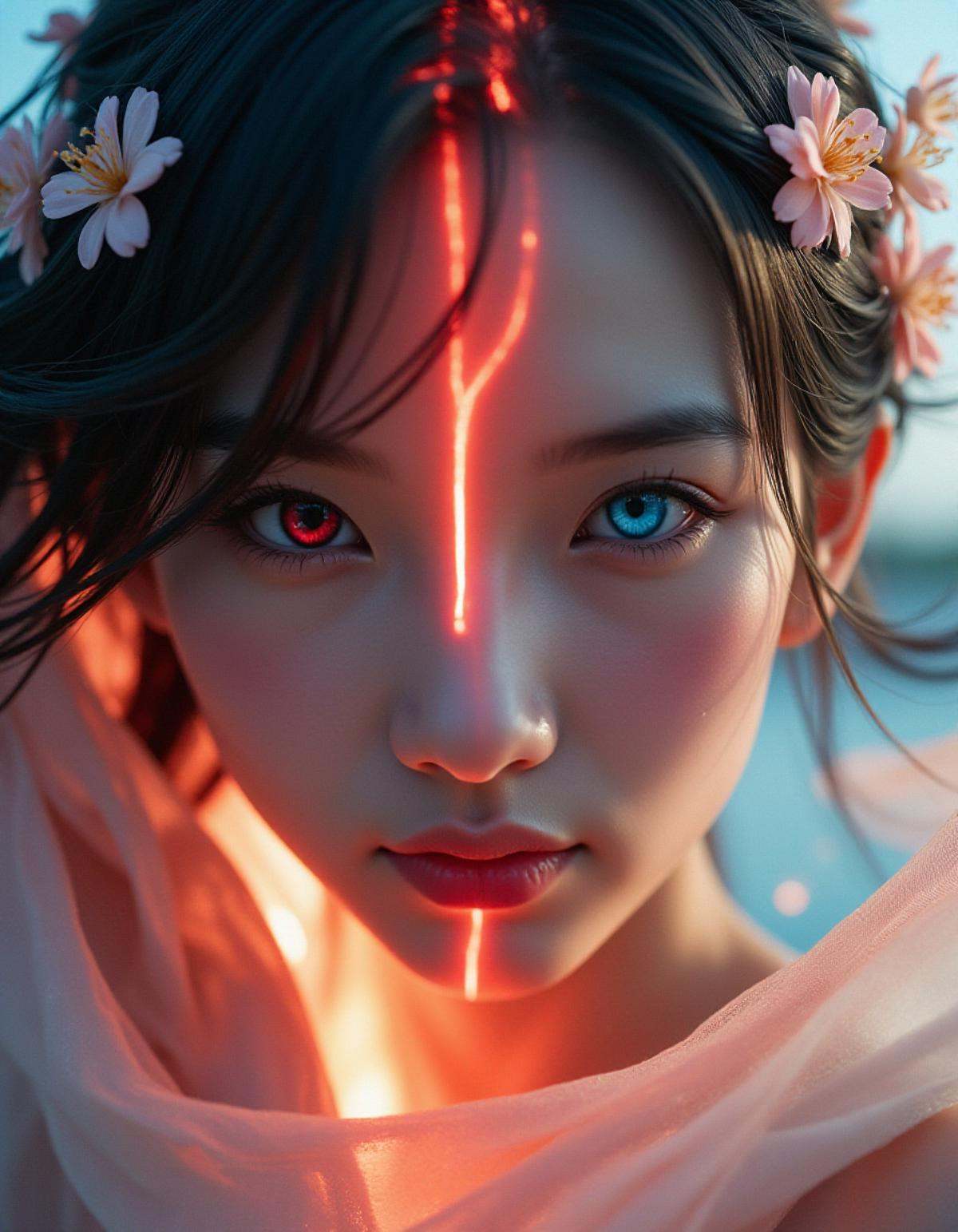 close-up of a figure with dual personalities,  one side with dark hair and a red eye,  the other with white hair and a blu...