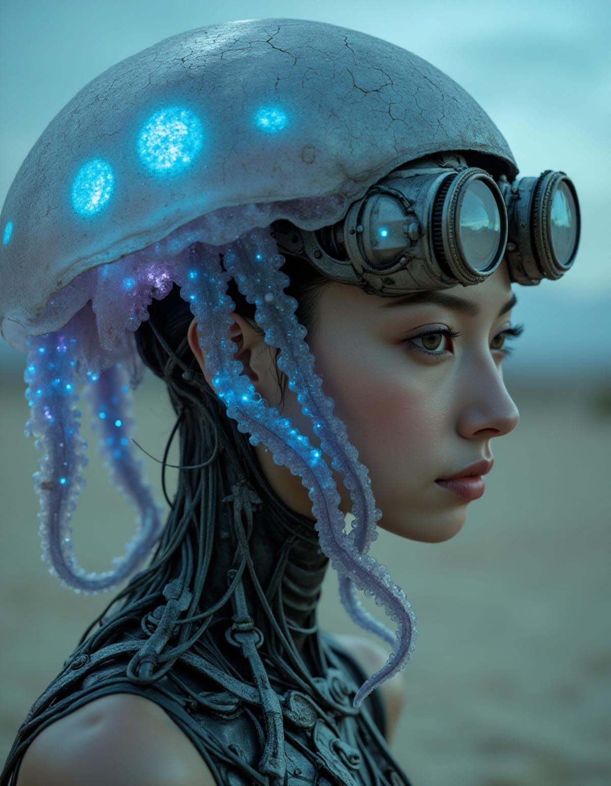 Ethereal cyborg woman,  bioluminescent jellyfish headdress. Steampunk goggles blend with translucent tentacles. Cracked po...