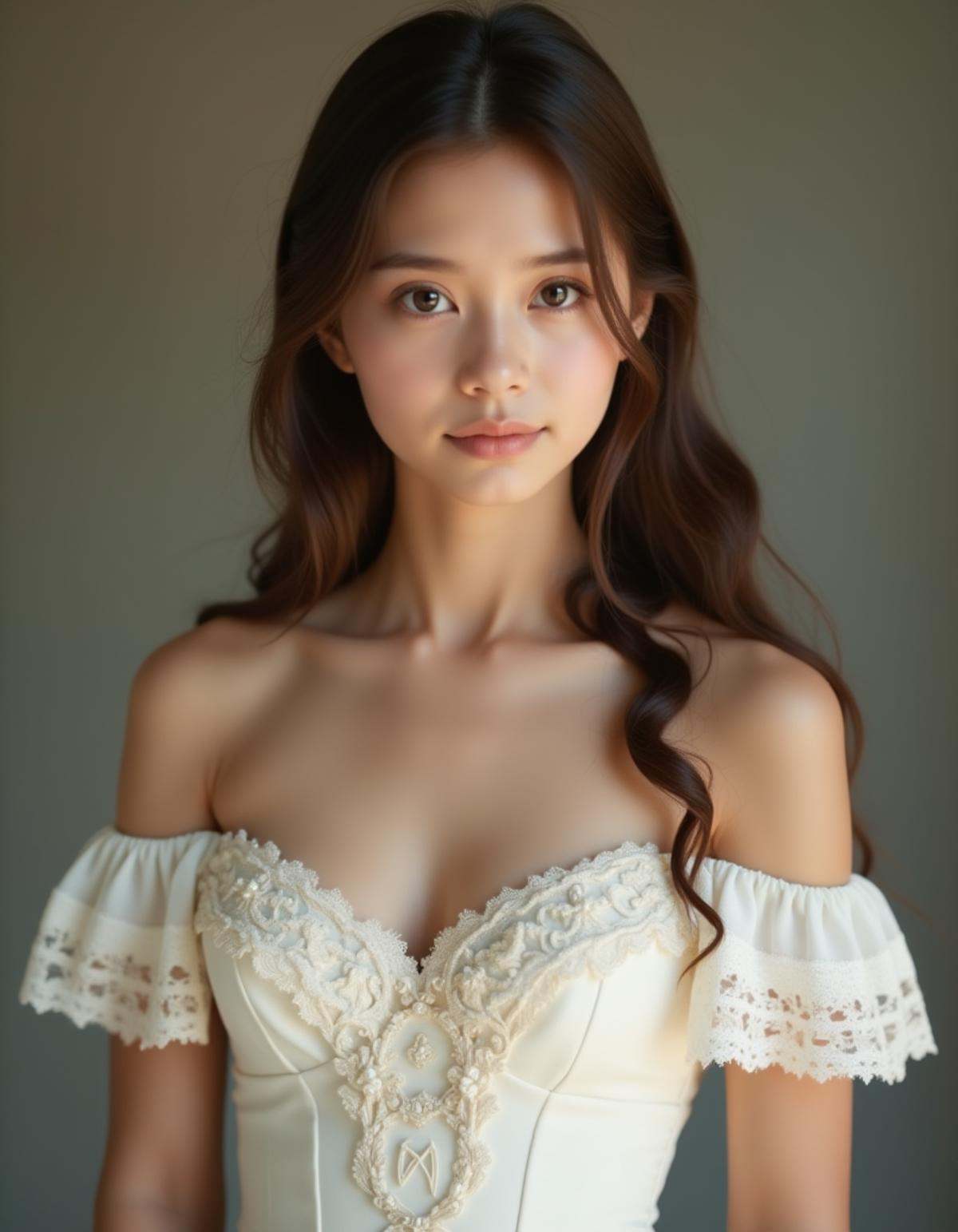 A best quality,  masterpiece,  raw photo of a girl dressed in an ornate white off-shoulder Rococo gown on Tensor.Art