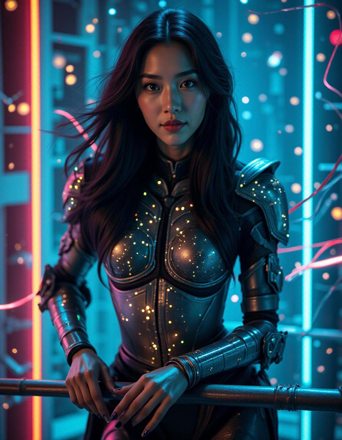 A fierce female warrior with long,  flowing black hair,  her armor etched with glowing rainbow colored circuits on Tensor.Art