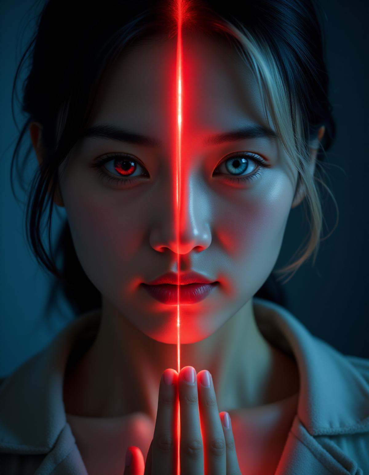 close-up of a figure with dual personalities,  one side with dark hair and a red eye,  the other with white hair and a blu...