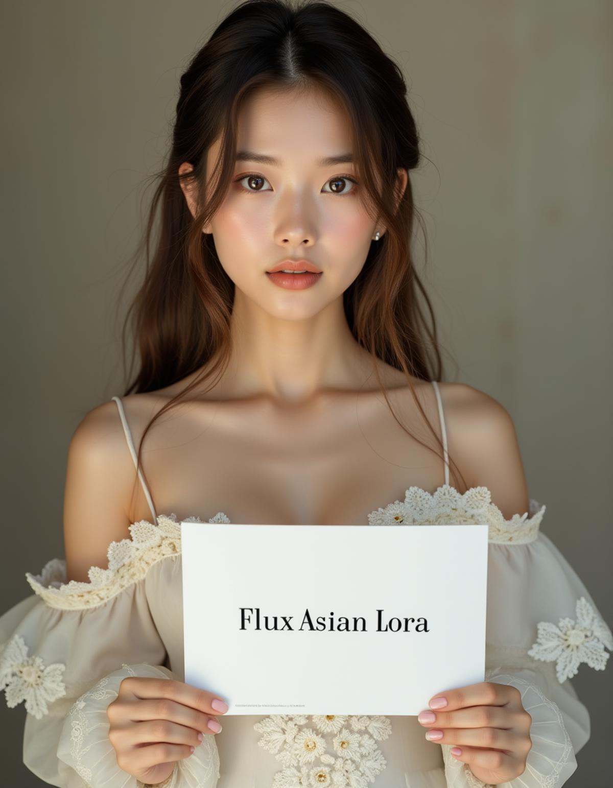 A best quality,  masterpiece,  raw photo of a girl dressed holding a sign with "Flux Asian Lora" written on it. She in an...