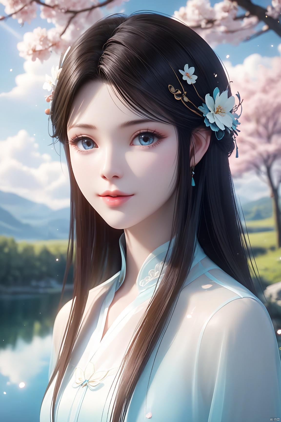masterpiece,best quality,official art,extremely detailed CG unity 8k wallpaper,realistic,light rays,light particles,
1girl,xuner,solo,jewelry,realistic,lips,long_hair,black_hair,looking_at_viewer,
blue sky,white clouds,depth of field,blurred background,simple_background,minimalism,outdoor,open country,stream,lake,flowers fall,peach blossom,
looking at viewer,cowboy shot,xuner