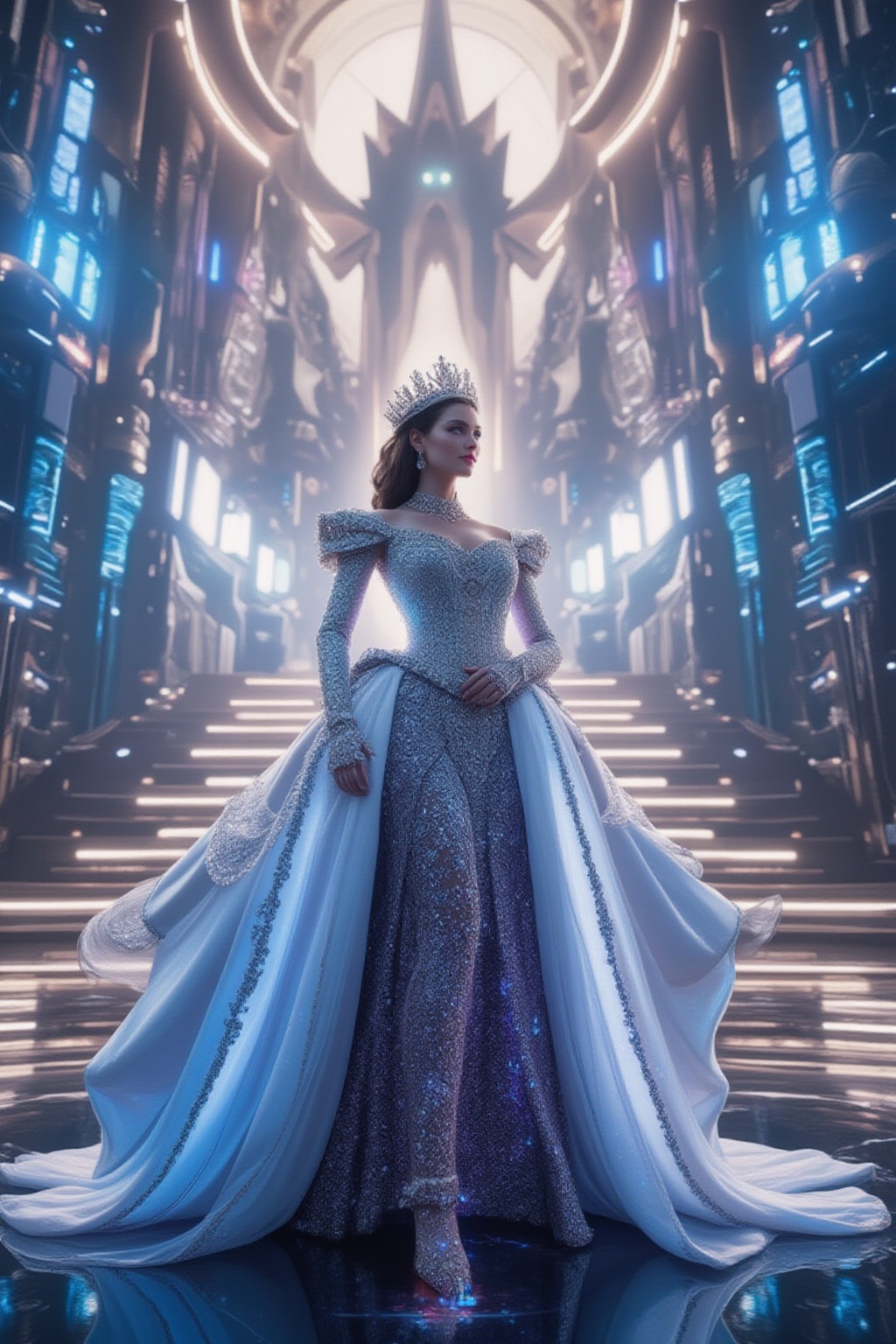 A futuristic royal princess from a high-tech nation, wearing an elegant and luxurious gown that merges futuristic design with regal splendor. The dress has metallic accents, holographic details, and intricate patterns, with flowing fabric that reflects light in soft neon hues. She stands confidently in front of a high-tech palace with sleek, towering structures, glowing energy lines, and advanced architecture blending technology and beauty. The background is filled with a bright, futuristic cityscape, featuring flying vehicles and digital displays.,FuturEvoLabElegant