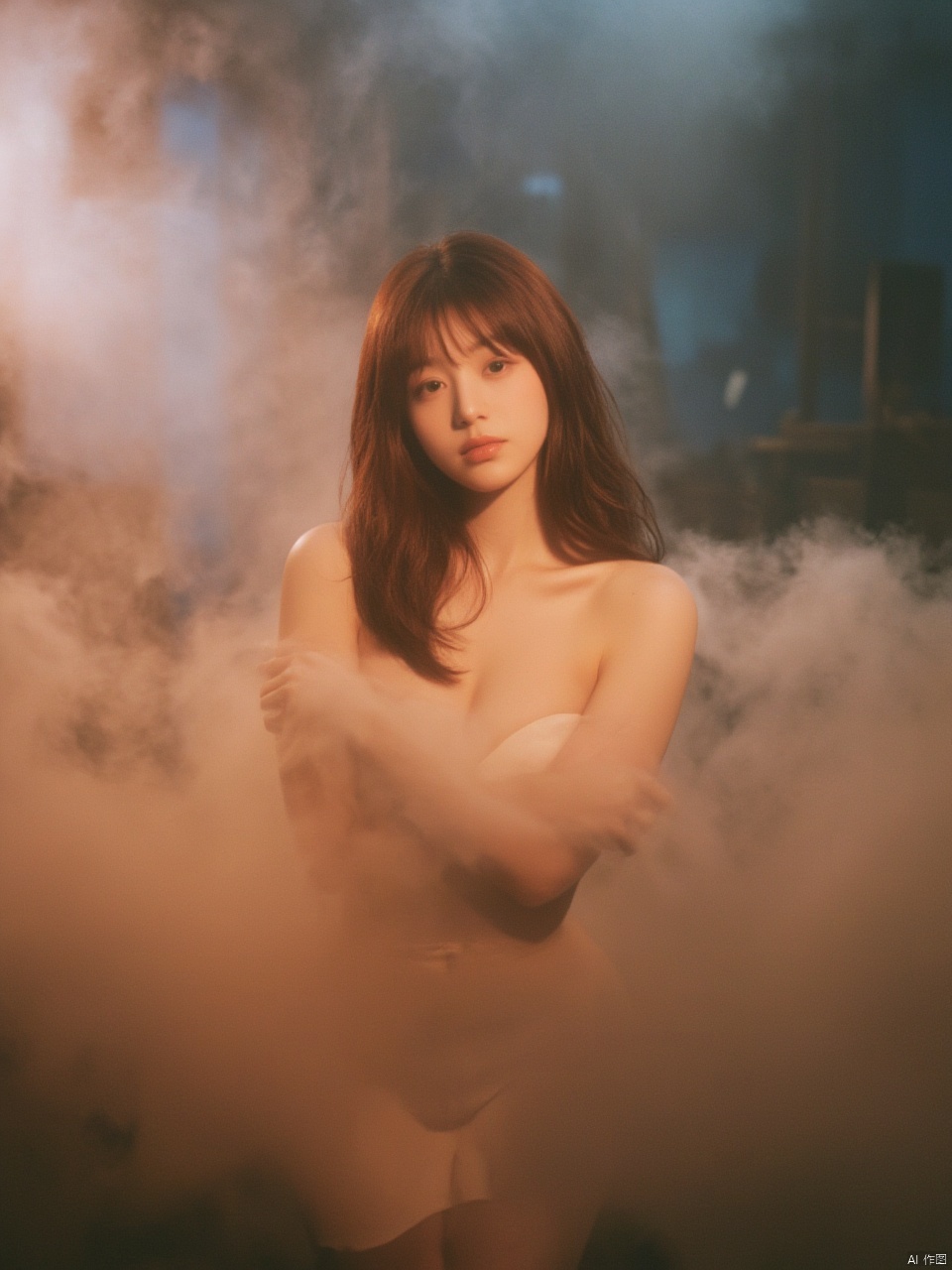 A sultry hubggirl materializes from a dreamy mist, illuminated by the soft, warm tone of Kodak film. Cinematic lighting accentuates her porcelain complexion, casting dramatic shadows that highlight the contours of her face and mid-body pose. The surreal setting, replete with intricate details, draws the viewer's gaze to her piercing stare, evoking a photorealistic masterpiece reminiscent of Brandon Woelfel's and Ryan McGinley's iconic works, capturing the essence of a sultry, sexy girl.