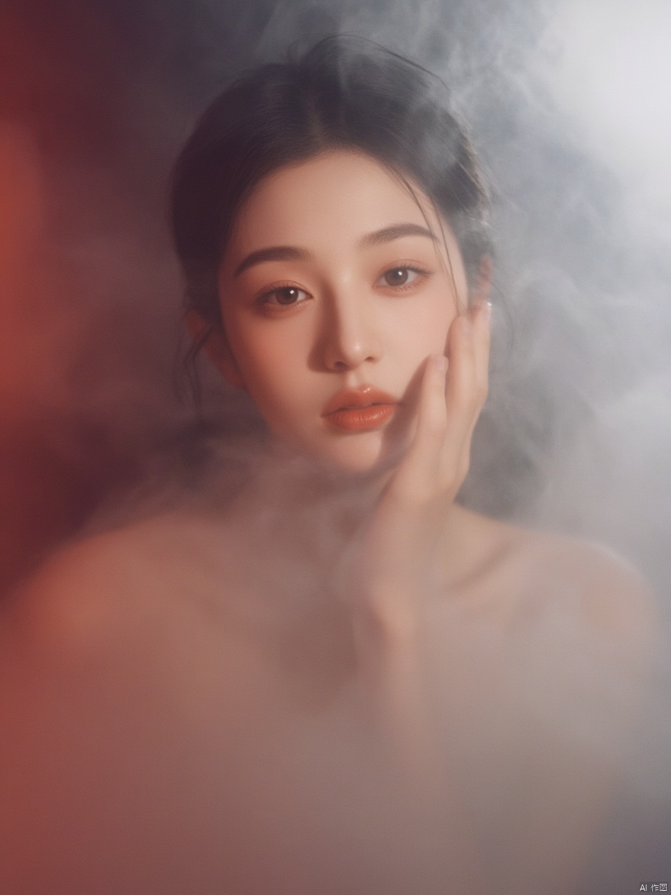 A sultry hubggirl materializes from a dreamy mist, illuminated by the soft, warm tone of Kodak film. Cinematic lighting accentuates her porcelain complexion, casting dramatic shadows that highlight the contours of her face and mid-body pose. The surreal setting, replete with intricate details, draws the viewer's gaze to her piercing stare, evoking a photorealistic masterpiece reminiscent of Brandon Woelfel's and Ryan McGinley's iconic works, capturing the essence of a sultry, sexy girl.