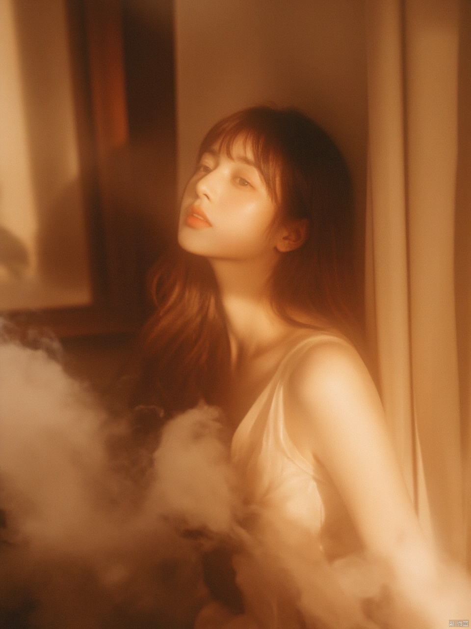 A sultry hubggirl materializes from a dreamy mist, illuminated by the soft, warm tone of Kodak film. Cinematic lighting accentuates her porcelain complexion, casting dramatic shadows that highlight the contours of her face and mid-body pose. The surreal setting, replete with intricate details, draws the viewer's gaze to her piercing stare, evoking a photorealistic masterpiece reminiscent of Brandon Woelfel's and Ryan McGinley's iconic works, capturing the essence of a sultry, sexy girl.