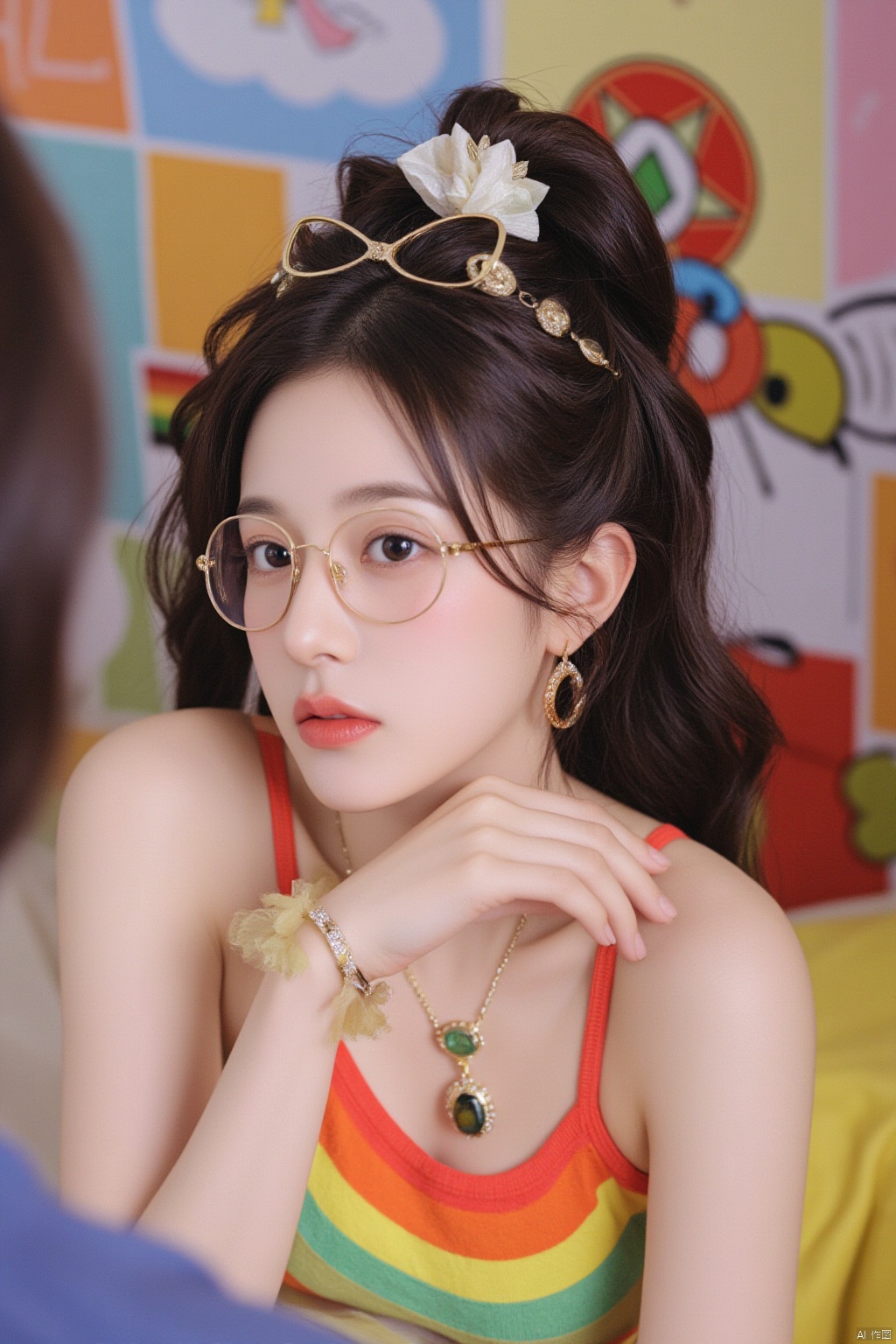Portrait of a 21-year-old hubggirl, solo and direct at the viewer with a warm smile. She wears an ensemble of luxurious gold-trim jewelry, including long earrings and a bow hair ornament. A stunning Agate necklace and Emerald bracelet adorn her neck and wrist, respectively, while Diamonds and Onyx add subtle sparkle. Her eyes are framed by Wangyushan's signature eyeglasses. Set against a backdrop of vibrant colors, the scene is bathed in bright natural light, showcasing every detail with high contrast HDR photography.