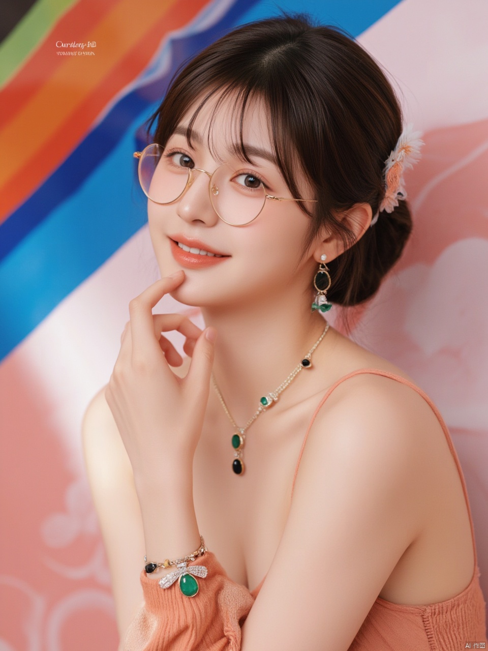 Portrait of a 21-year-old hubggirl, solo and direct at the viewer with a warm smile. She wears an ensemble of luxurious gold-trim jewelry, including long earrings and a bow hair ornament. A stunning Agate necklace and Emerald bracelet adorn her neck and wrist, respectively, while Diamonds and Onyx add subtle sparkle. Her eyes are framed by Wangyushan's signature eyeglasses. Set against a backdrop of vibrant colors, the scene is bathed in bright natural light, showcasing every detail with high contrast HDR photography.