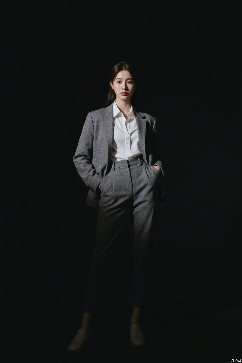 A captivating 35mm photograph of a 20-year-old hubggirl exudes confidence and elegance as she looks directly at the viewer with clear facial contours illuminated by dramatic, dark, moody lighting that accentuates voluminous shadows. She wears smart-casual attire, featuring a blouse, tailored pants, loafers, and a relaxed blazer, or perhaps a midi dress, all captured in high definition using an 8K Hasselblad camera with the iconic 50mm f/1.9 lens, showcasing the subject's beauty in stunning detail.