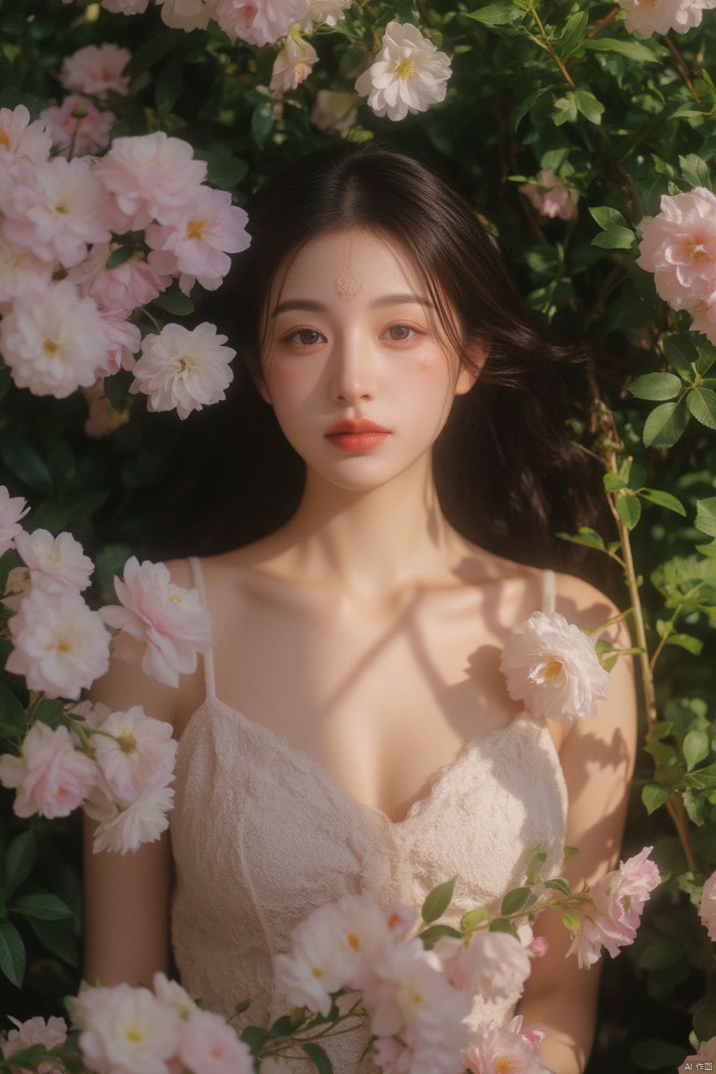 In a photorealistic portrait, Hubggirl reclines amidst lush flowers, her porcelain skin glowing in the serene ambiance. Delicate features and intricate Chinese patterns on her forehead exude mystique. Soft breasts and defined collarbone convey vulnerability, as luminous lighting casts a dramatic rim around her face. The camera captures every detail, from soft nature lights to captivating coloration, with an ultra-realistic tone.