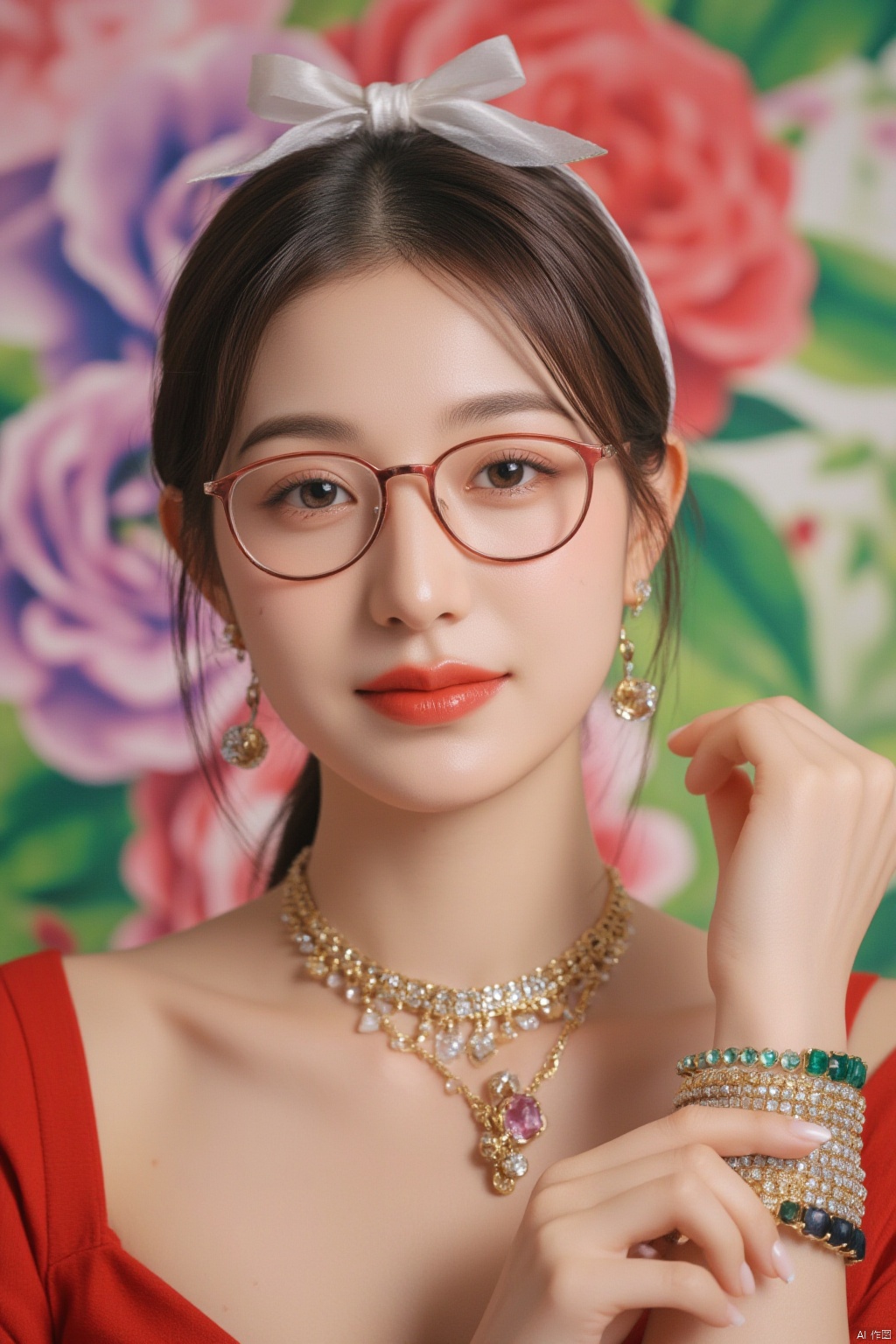 Portrait of a 21-year-old hubggirl, solo and direct at the viewer with a warm smile. She wears an ensemble of luxurious gold-trim jewelry, including long earrings and a bow hair ornament. A stunning Agate necklace and Emerald bracelet adorn her neck and wrist, respectively, while Diamonds and Onyx add subtle sparkle. Her eyes are framed by Wangyushan's signature eyeglasses. Set against a backdrop of vibrant colors, the scene is bathed in bright natural light, showcasing every detail with high contrast HDR photography.