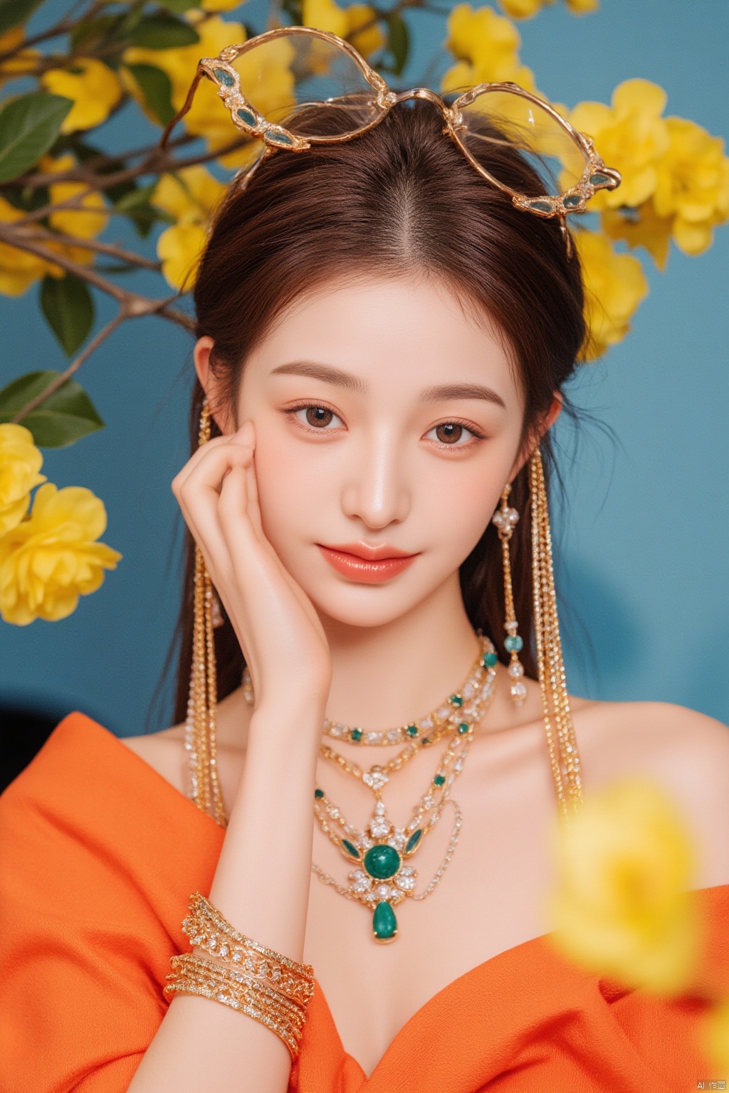Portrait of a 21-year-old hubggirl, solo and direct at the viewer with a warm smile. She wears an ensemble of luxurious gold-trim jewelry, including long earrings and a bow hair ornament. A stunning Agate necklace and Emerald bracelet adorn her neck and wrist, respectively, while Diamonds and Onyx add subtle sparkle. Her eyes are framed by Wangyushan's signature eyeglasses. Set against a backdrop of vibrant colors, the scene is bathed in bright natural light, showcasing every detail with high contrast HDR photography.
