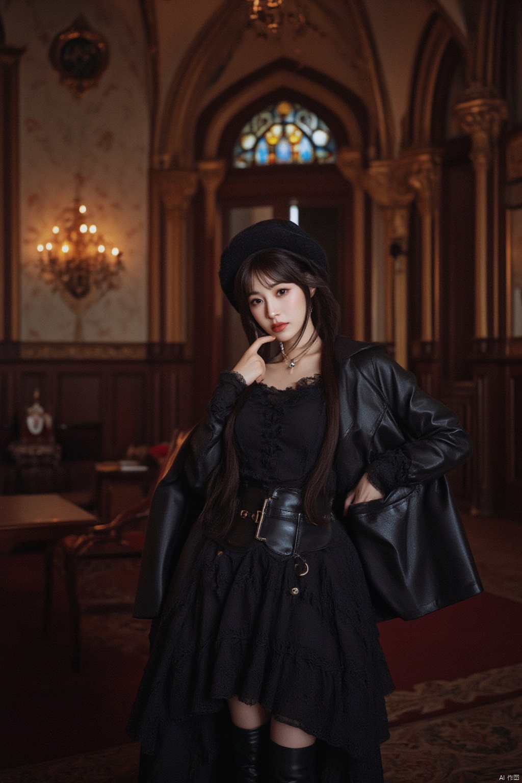 In a grand, luxurious medieval palace interior, a mesmerizing, mature curvy gothic woman stands confidently, her long hair tied in a sleek, high ponytail. She gazes directly at the viewer with an air of mystery and enchantment. Her pale skin glistens with subsurface scattering, while her dark, rich hair cascades down her back like a waterfall. She wears a stunning outfit that blends Victorian and Gothic Lolita styles, featuring black lace gloves, an aristocratic hat, leather knee boots, and a ruffled blouse layered under a dramatic, Gothic-inspired skirt. The overall effect is one of opulence and extravagance, with intricate details and patterns adorning her clothes and the palace's antique furniture, stained glass windows, and gothic wallpaper. In the background, chandeliers cast warm, cinematic lighting, while victorian wall lamps add a touch of elegance to the scene. A leather coat with prominent buckles hangs artfully over her shoulder, adding a touch of gothpunk flair. The atmosphere is solemn, with a focus on antique bronze tones and a sense of dark fairytale fantasy. The overall image exudes photorealistic quality, with attention paid to every detail, from the subject's skin texture to the intricate patterns on her clothes.