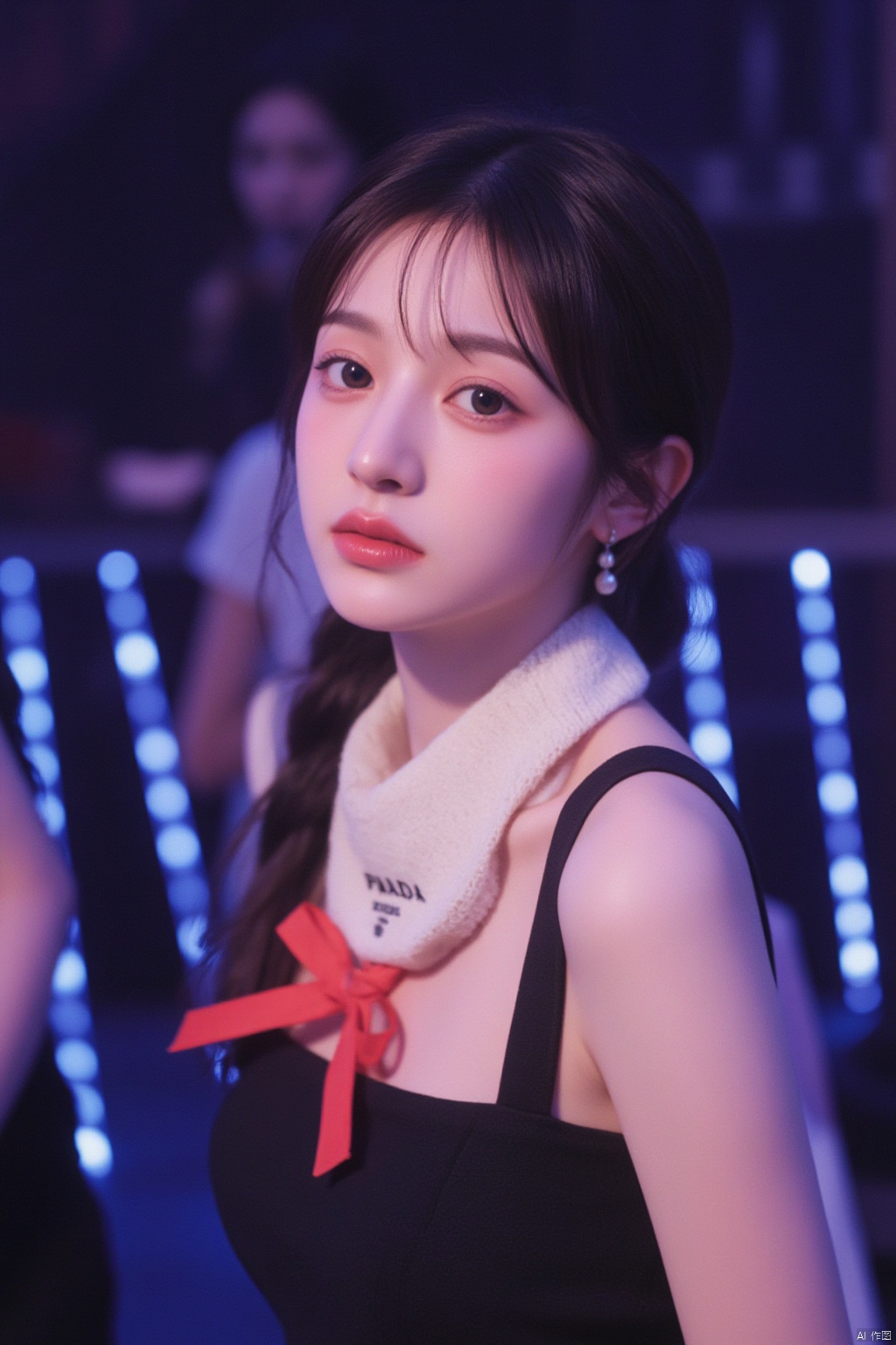 best quality,masterpiece,ultra high res,looking at viewer,simple background,studio light,studio,side light,makeup portrait,pink eyeshadow, beautiful woman,Prada school uniform,elegant,detailed textures,classy,nightclub setting,atmosphere of excitement,vibrant,colorful,music,dancing,LED lights,wide angle lens,dynamic composition,HUBG_Fashion_Girl, HUBG_Black_Pearl, 21yo girl, HUBG_Elegant_Girl, HUBG_Fashion_Girl, pantyhose, HUBG_Red_Ribbon