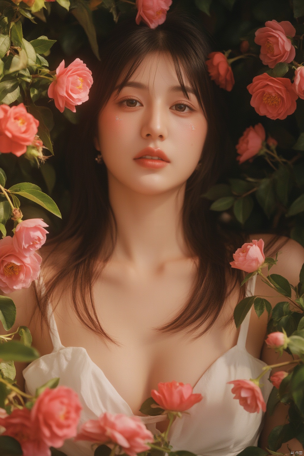 In a photorealistic portrait, Hubggirl reclines amidst lush flowers, her porcelain skin glowing in the serene ambiance. Delicate features and intricate Chinese patterns on her forehead exude mystique. Soft breasts and defined collarbone convey vulnerability, as luminous lighting casts a dramatic rim around her face. The camera captures every detail, from soft nature lights to captivating coloration, with an ultra-realistic tone.