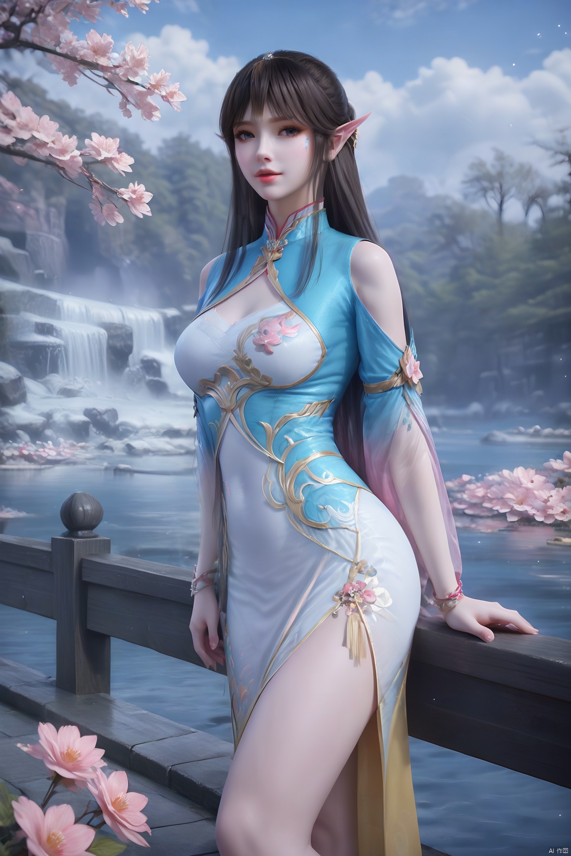 masterpiece,best quality,official art,extremely detailed CG unity 8k wallpaper,realistic,light rays,light particles,
1girl,pointy ears,dress,solo,jewelry,realistic,lips,long_hair,black_hair,looking_at_viewer,
blue sky,white clouds,depth of field,blurred background,simple_background,minimalism,outdoor,open country,stream,lake,flowers fall,peach blossom,
looking at viewer,cowboy shot,qinger
