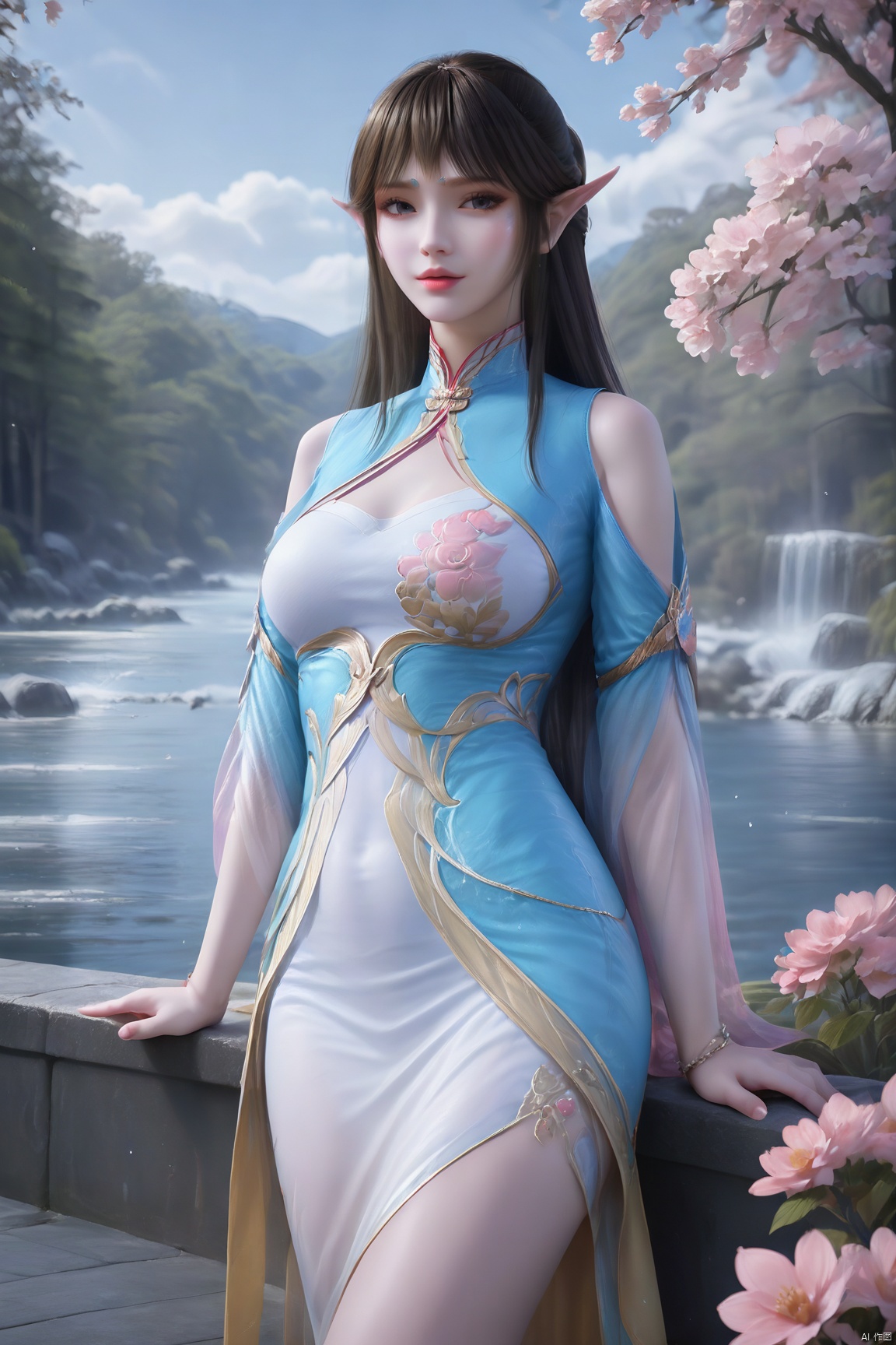 masterpiece,best quality,official art,extremely detailed CG unity 8k wallpaper,realistic,light rays,light particles,
1girl,pointy ears,dress,solo,jewelry,realistic,lips,long_hair,black_hair,looking_at_viewer,
blue sky,white clouds,depth of field,blurred background,simple_background,minimalism,outdoor,open country,stream,lake,flowers fall,peach blossom,
looking at viewer,cowboy shot,qinger